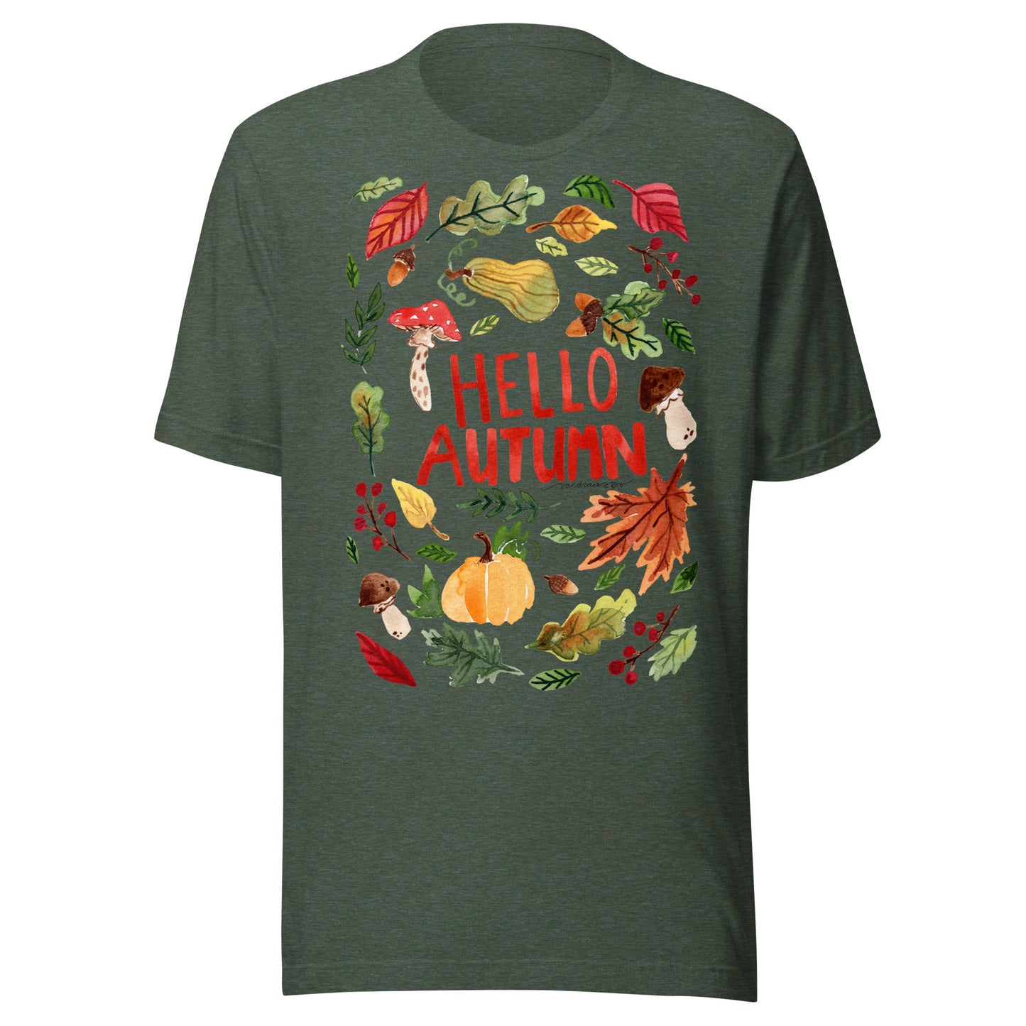 Hello Autumn Women’s T-Shirt • Cozy Fall Vibes with Watercolor Pumpkin, Toadstool & Leaves Illustration - SANDRAAS
