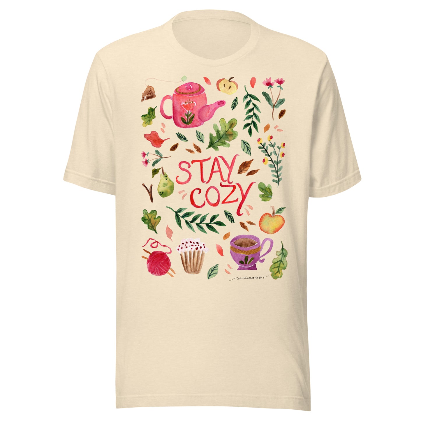 Stay Cozy Women’s Autumn T-Shirt • Watercolor Fall Nature & Tea Illustration • Cozy Season Tee - SANDRAAS