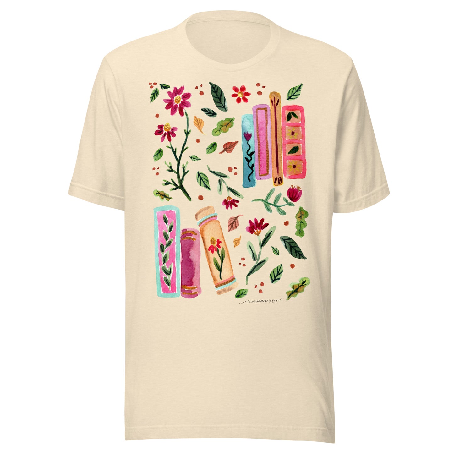 Cozy Autumn Women’s T-Shirt • Watercolor Fall Leaves, Flowers & Books Illustration • Nature - Inspired Tee - SANDRAAS