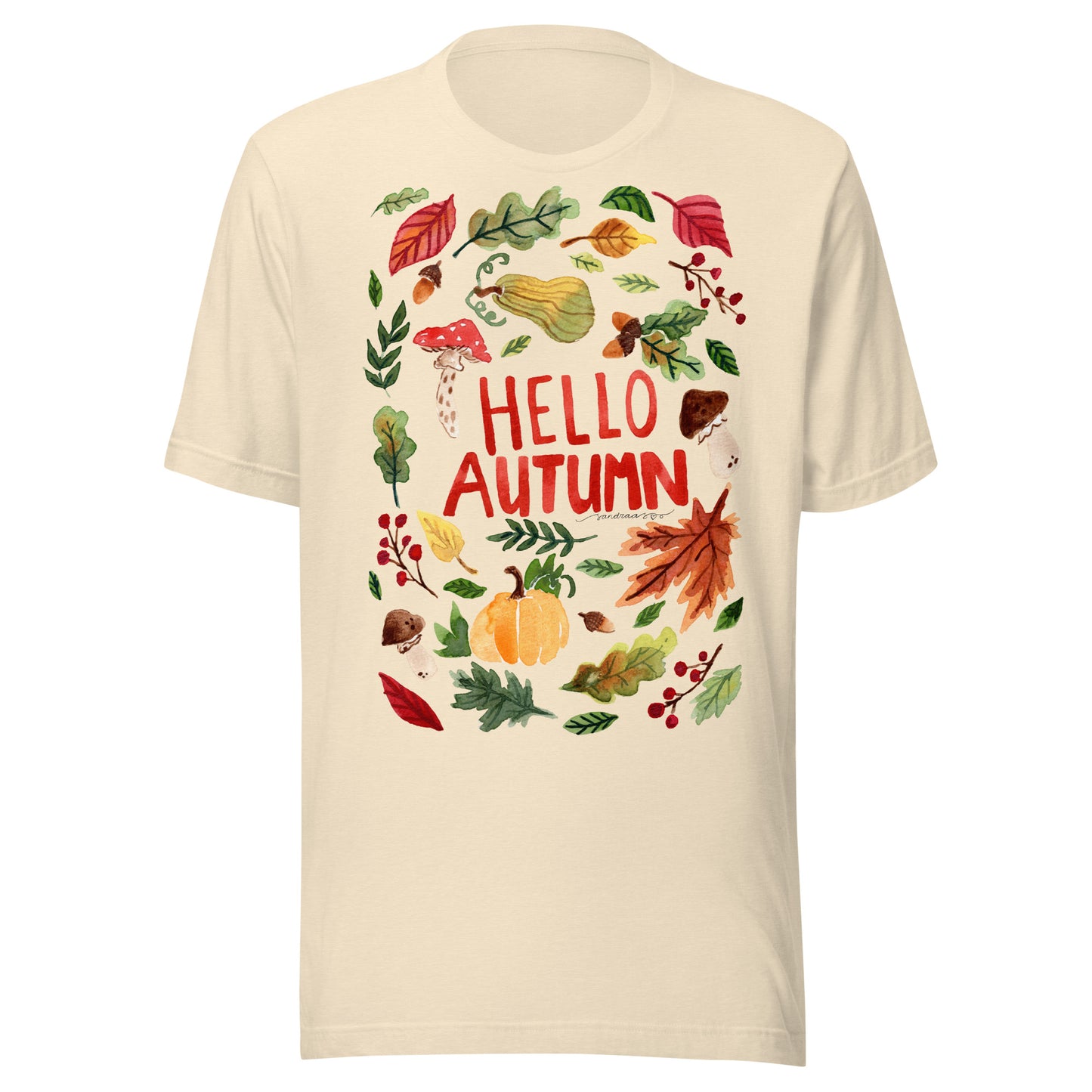 Hello Autumn Women’s T-Shirt • Cozy Fall Vibes with Watercolor Pumpkin, Toadstool & Leaves Illustration - SANDRAAS