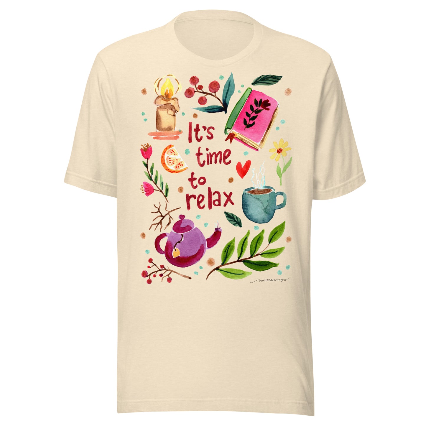 It’s Time to Relax Women’s T-Shirt • Cozy Autumn Watercolor Book, Candle, Teapot & Florals Illustration - SANDRAAS