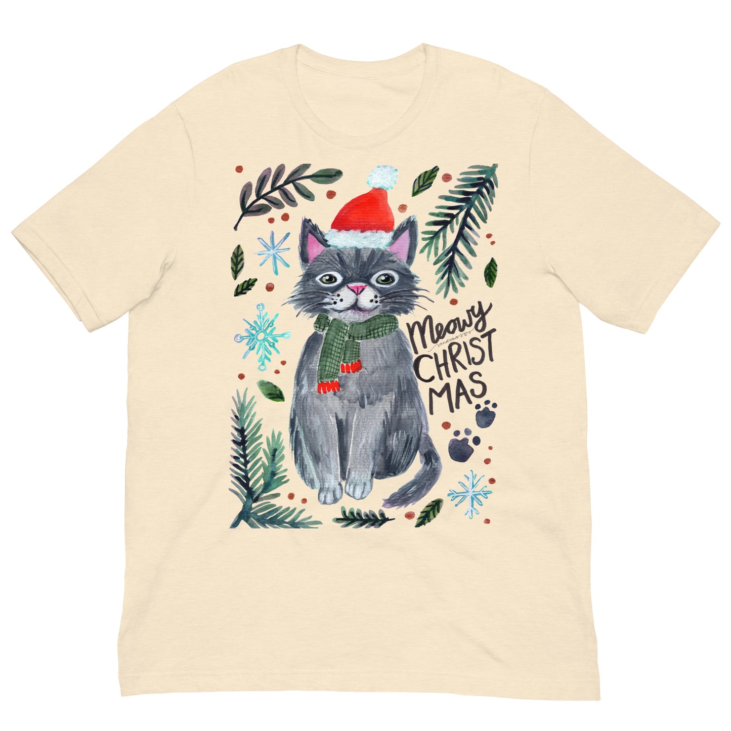 🎄 Meowy Christmas Cat T-Shirt – Whimsical Grey Cat in Green Scarf & Santa Hat 😺🧣✨ Soft & Comfy Holiday Tee - SANDRAAS