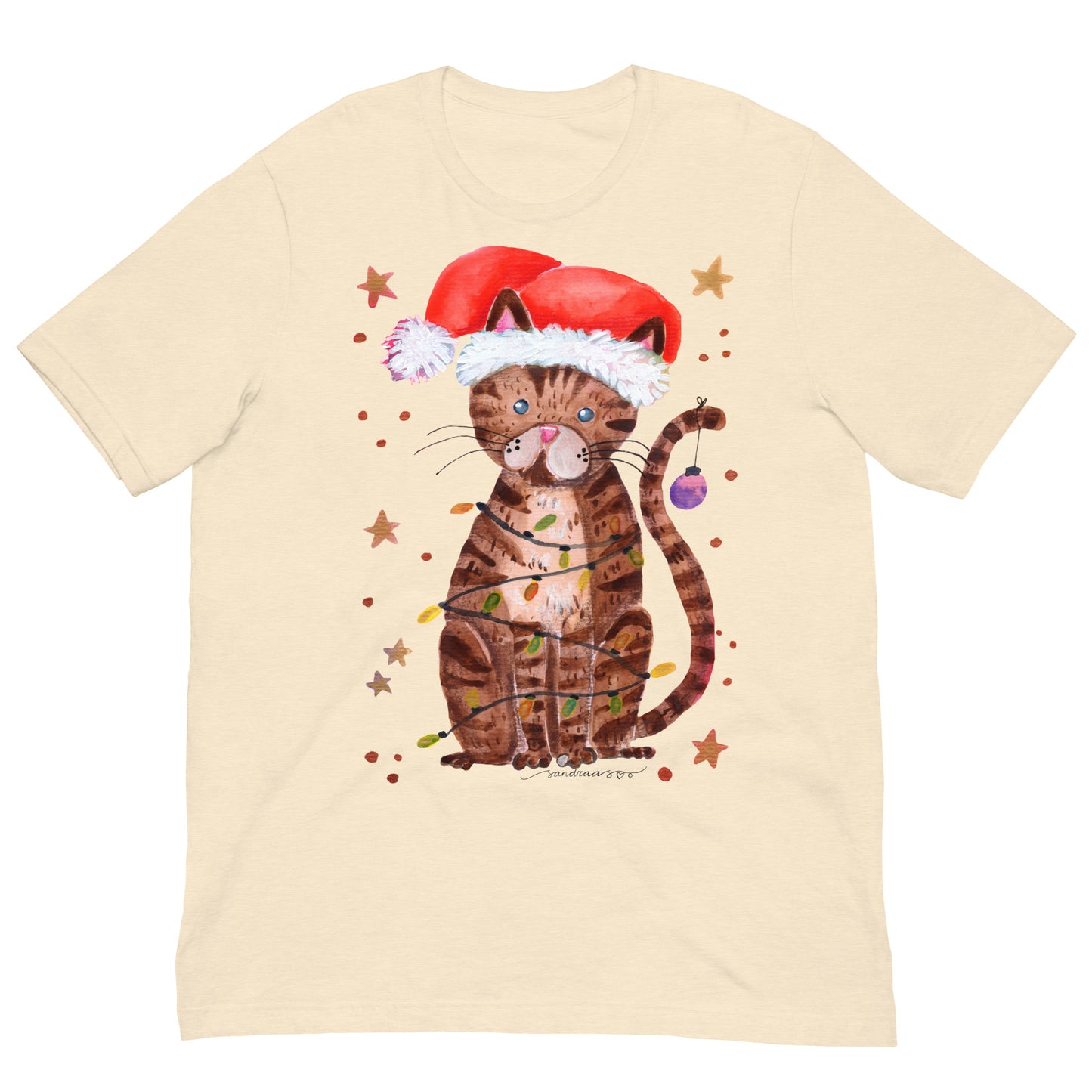🎄 Christmas Lights Cat T-Shirt – Whimsical Watercolor Cat in Santa Hat Wrapped in Lights 😺💡✨ Soft & Comfy Holiday Tee - SANDRAAS