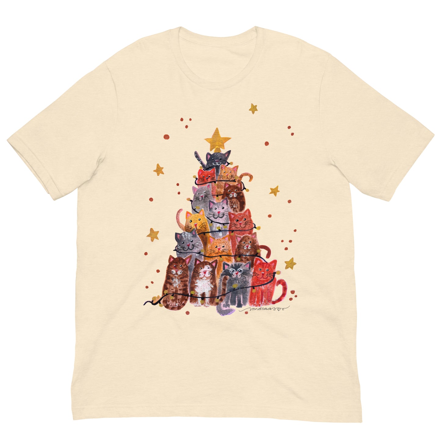 🎄 Christmas Cat Tree T-Shirt – Whimsical Watercolor Cats Stacked as a Christmas Tree 😺🌲✨ Soft & Cozy Holiday Tee - SANDRAAS