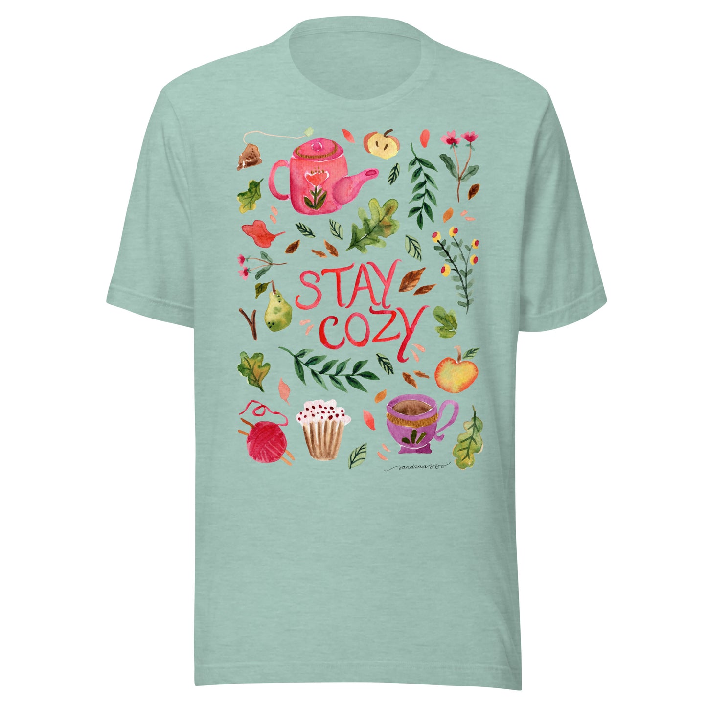 Stay Cozy Women’s Autumn T-Shirt • Watercolor Fall Nature & Tea Illustration • Cozy Season Tee - SANDRAAS