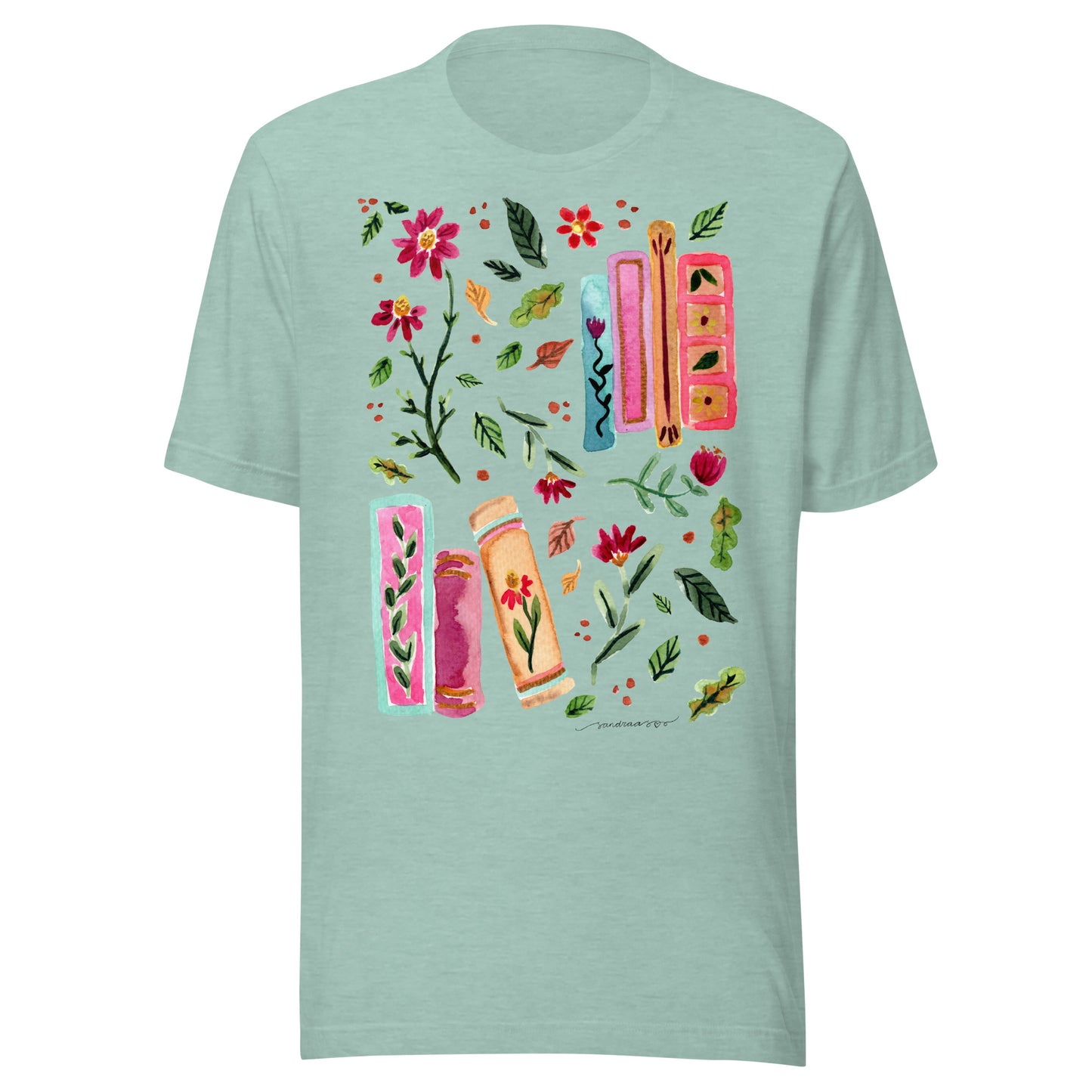 Cozy Autumn Women’s T-Shirt • Watercolor Fall Leaves, Flowers & Books Illustration • Nature - Inspired Tee - SANDRAAS