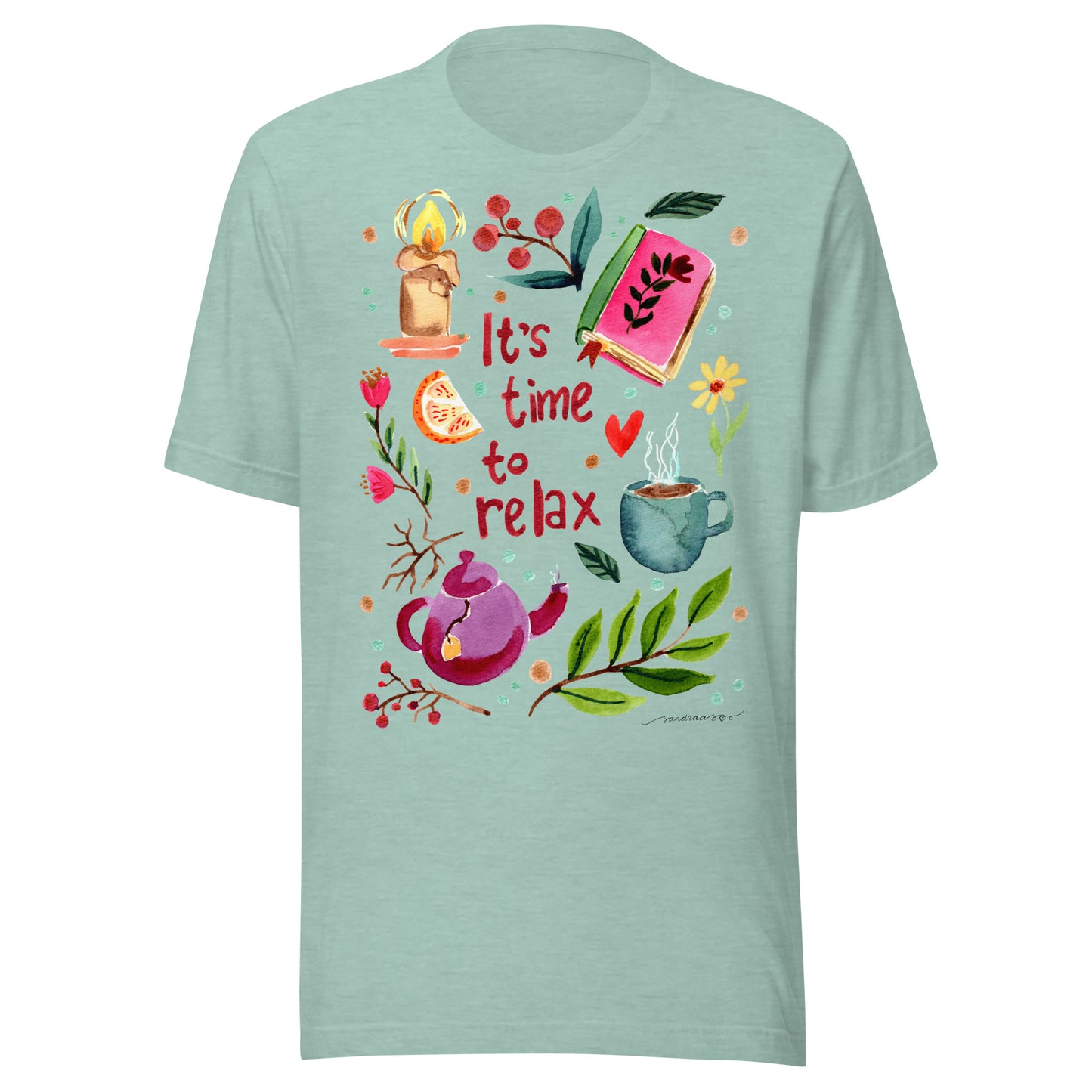 It’s Time to Relax Women’s T-Shirt • Cozy Autumn Watercolor Book, Candle, Teapot & Florals Illustration - SANDRAAS
