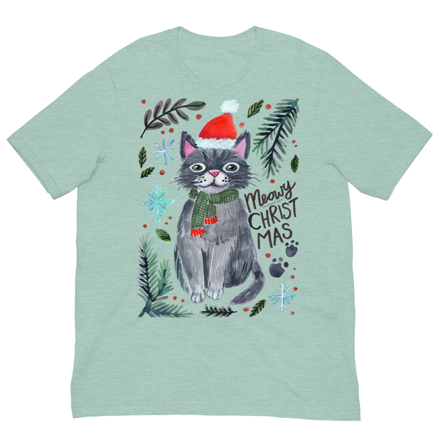 🎄 Meowy Christmas Cat T-Shirt – Whimsical Grey Cat in Green Scarf & Santa Hat 😺🧣✨ Soft & Comfy Holiday Tee - SANDRAAS