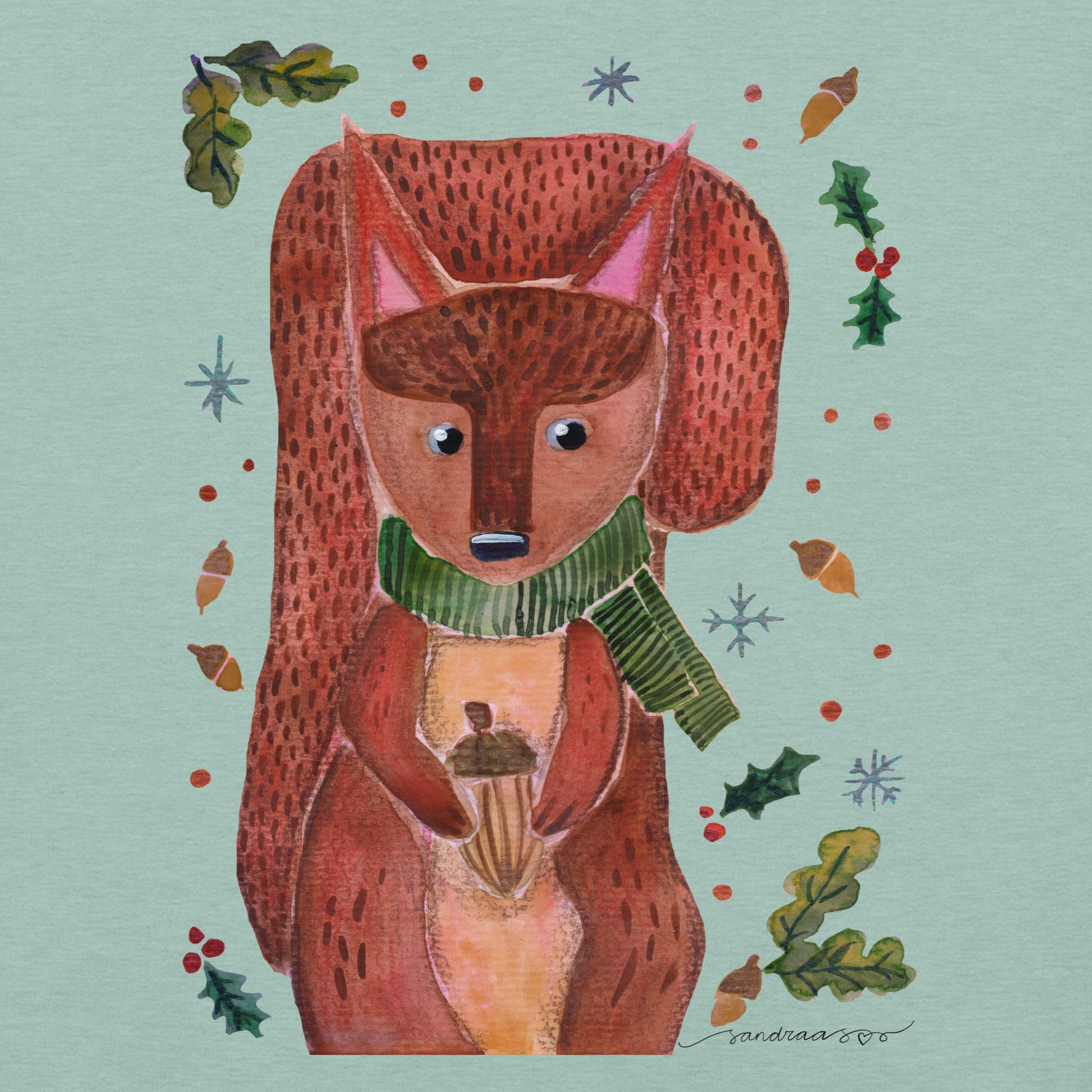 🐿️ Cozy Squirrel T-Shirt – Whimsical Watercolor Squirrel in Green Scarf 💚✨ Soft & Comfy Nature - Lover Tee - SANDRAAS