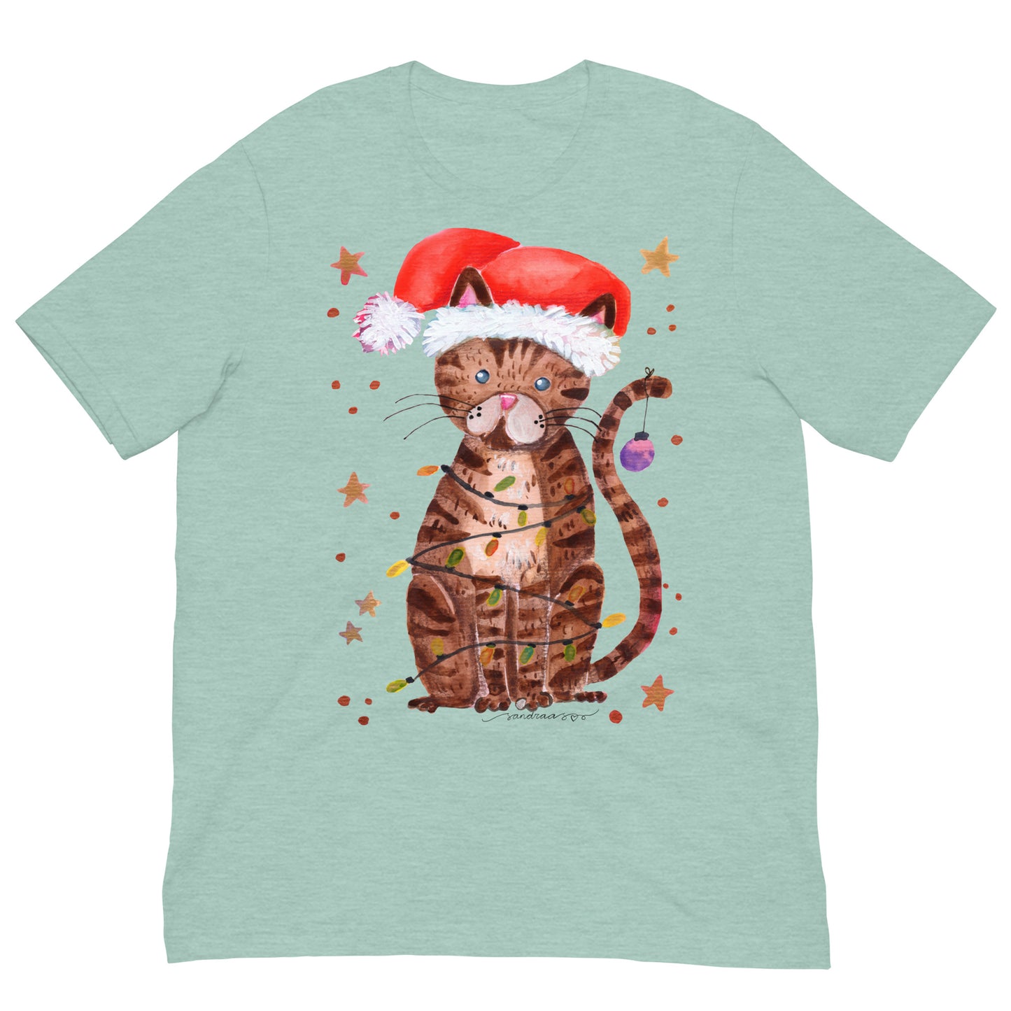 🎄 Christmas Lights Cat T-Shirt – Whimsical Watercolor Cat in Santa Hat Wrapped in Lights 😺💡✨ Soft & Comfy Holiday Tee - SANDRAAS