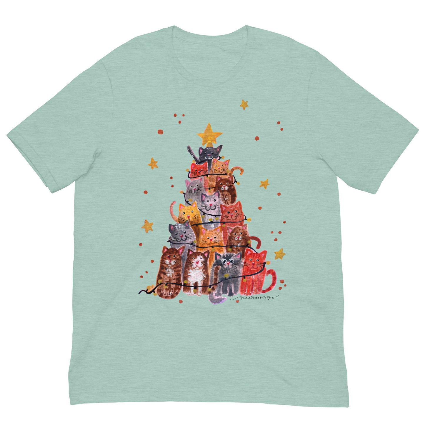 🎄 Christmas Cat Tree T-Shirt – Whimsical Watercolor Cats Stacked as a Christmas Tree 😺🌲✨ Soft & Cozy Holiday Tee - SANDRAAS