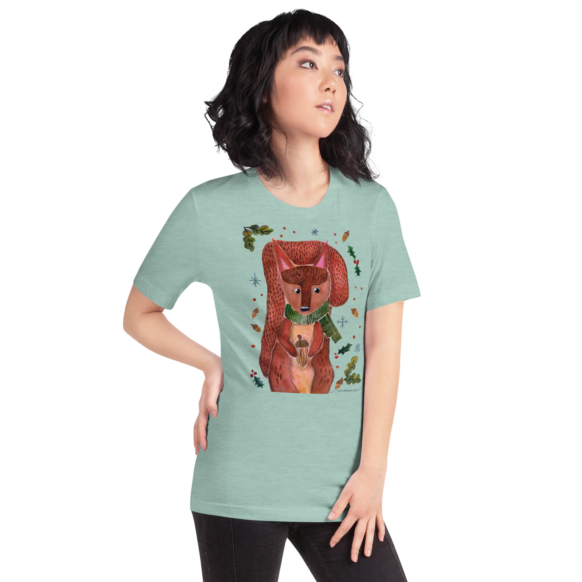 🐿️ Cozy Squirrel T-Shirt – Whimsical Watercolor Squirrel in Green Scarf 💚✨ Soft & Comfy Nature - Lover Tee - SANDRAAS