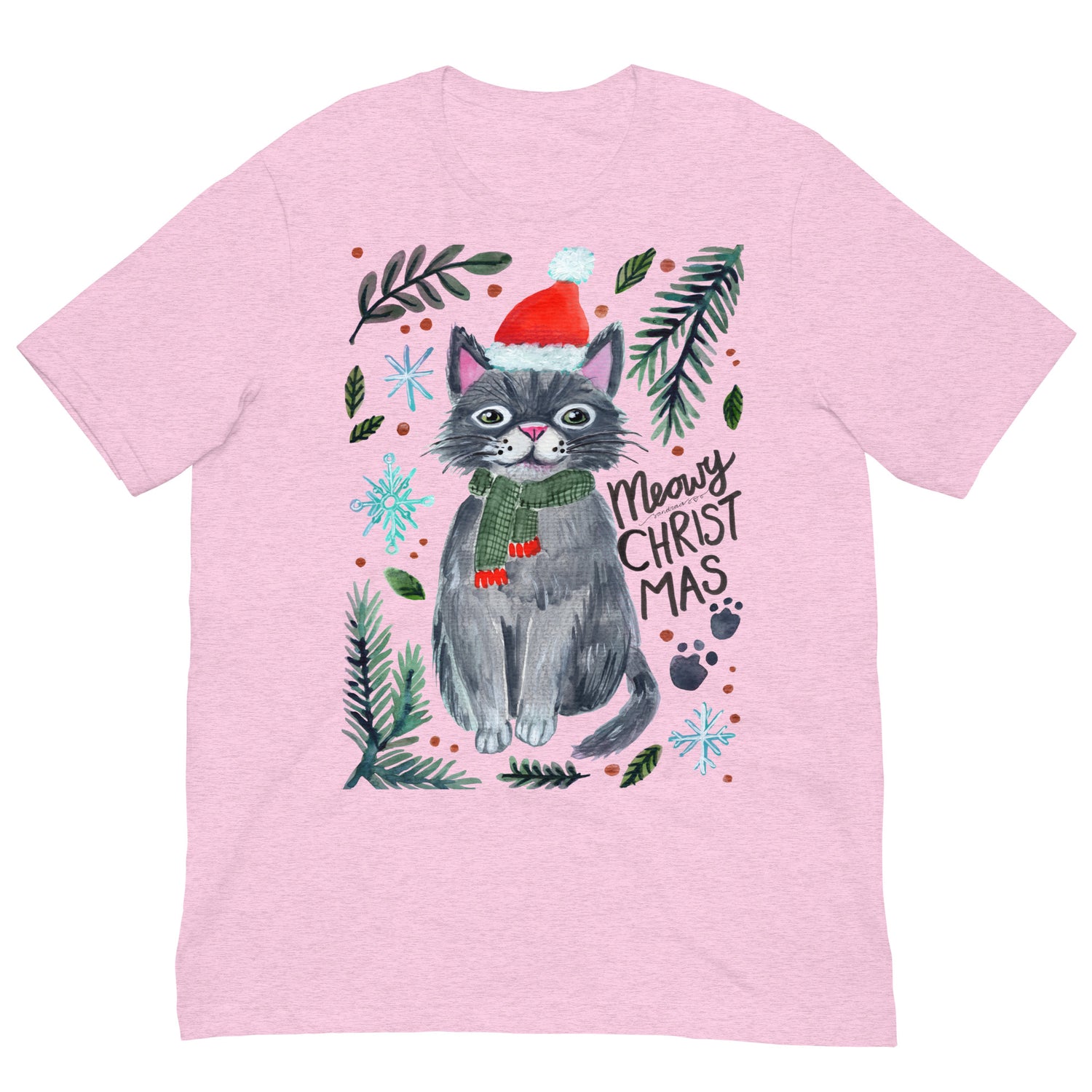 🎄 Meowy Christmas Cat T-Shirt – Whimsical Grey Cat in Green Scarf & Santa Hat 😺🧣✨ Soft & Comfy Holiday Tee - SANDRAAS
