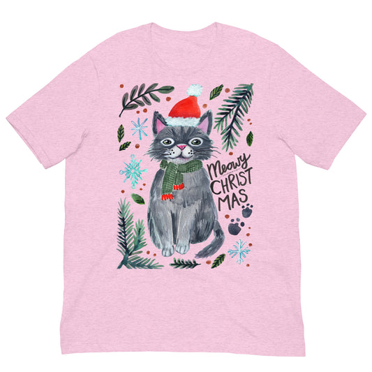 🎄 Meowy Christmas Cat T-Shirt – Whimsical Grey Cat in Green Scarf & Santa Hat 😺🧣✨ Soft & Comfy Holiday Tee - SANDRAAS