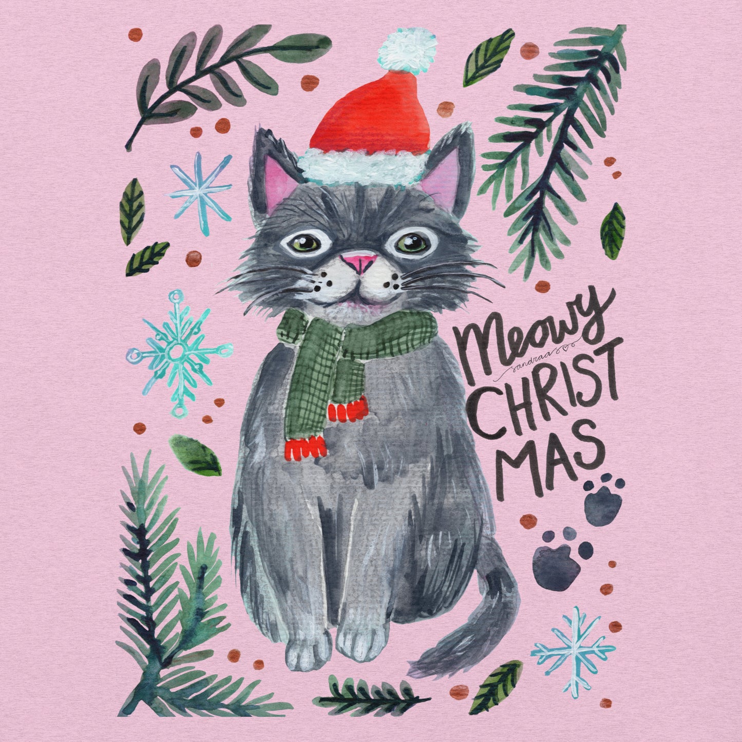 🎄 Meowy Christmas Cat T-Shirt – Whimsical Grey Cat in Green Scarf & Santa Hat 😺🧣✨ Soft & Comfy Holiday Tee - SANDRAAS