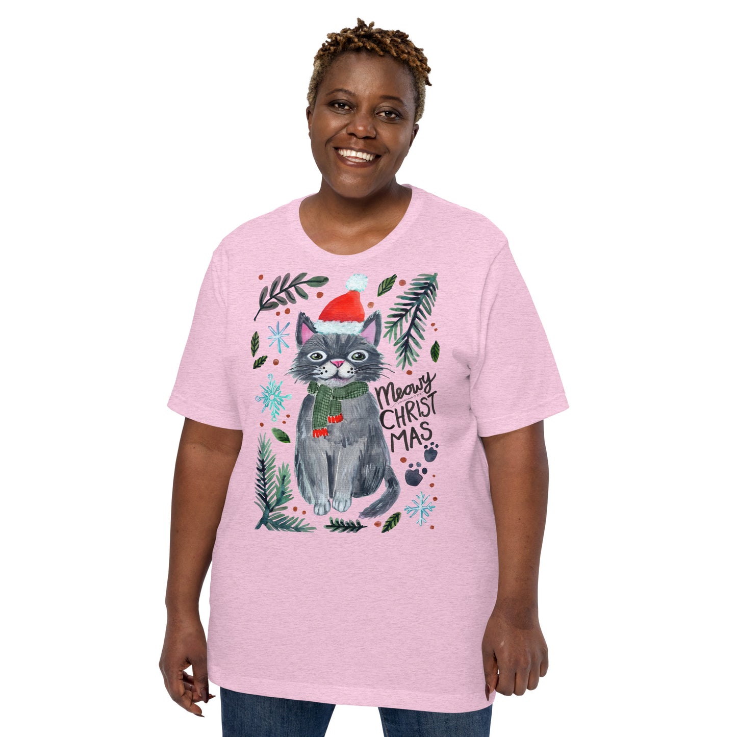 🎄 Meowy Christmas Cat T-Shirt – Whimsical Grey Cat in Green Scarf & Santa Hat 😺🧣✨ Soft & Comfy Holiday Tee - SANDRAAS