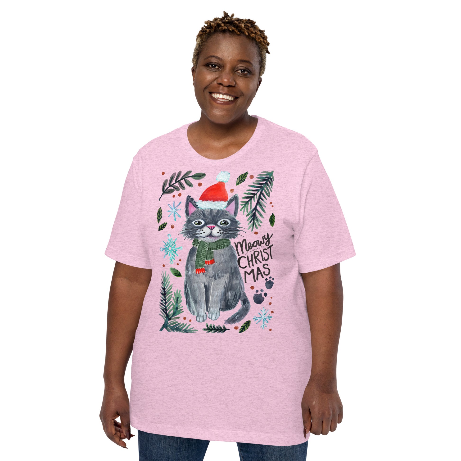 🎄 Meowy Christmas Cat T-Shirt – Whimsical Grey Cat in Green Scarf & Santa Hat 😺🧣✨ Soft & Comfy Holiday Tee - SANDRAAS