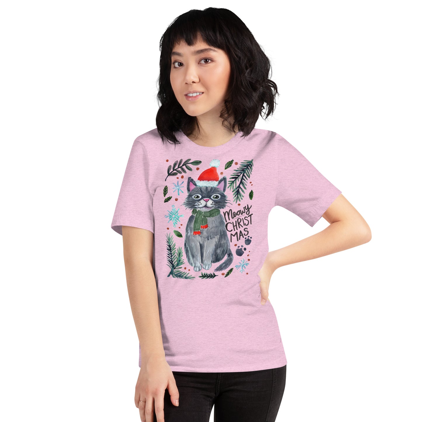 🎄 Meowy Christmas Cat T-Shirt – Whimsical Grey Cat in Green Scarf & Santa Hat 😺🧣✨ Soft & Comfy Holiday Tee - SANDRAAS