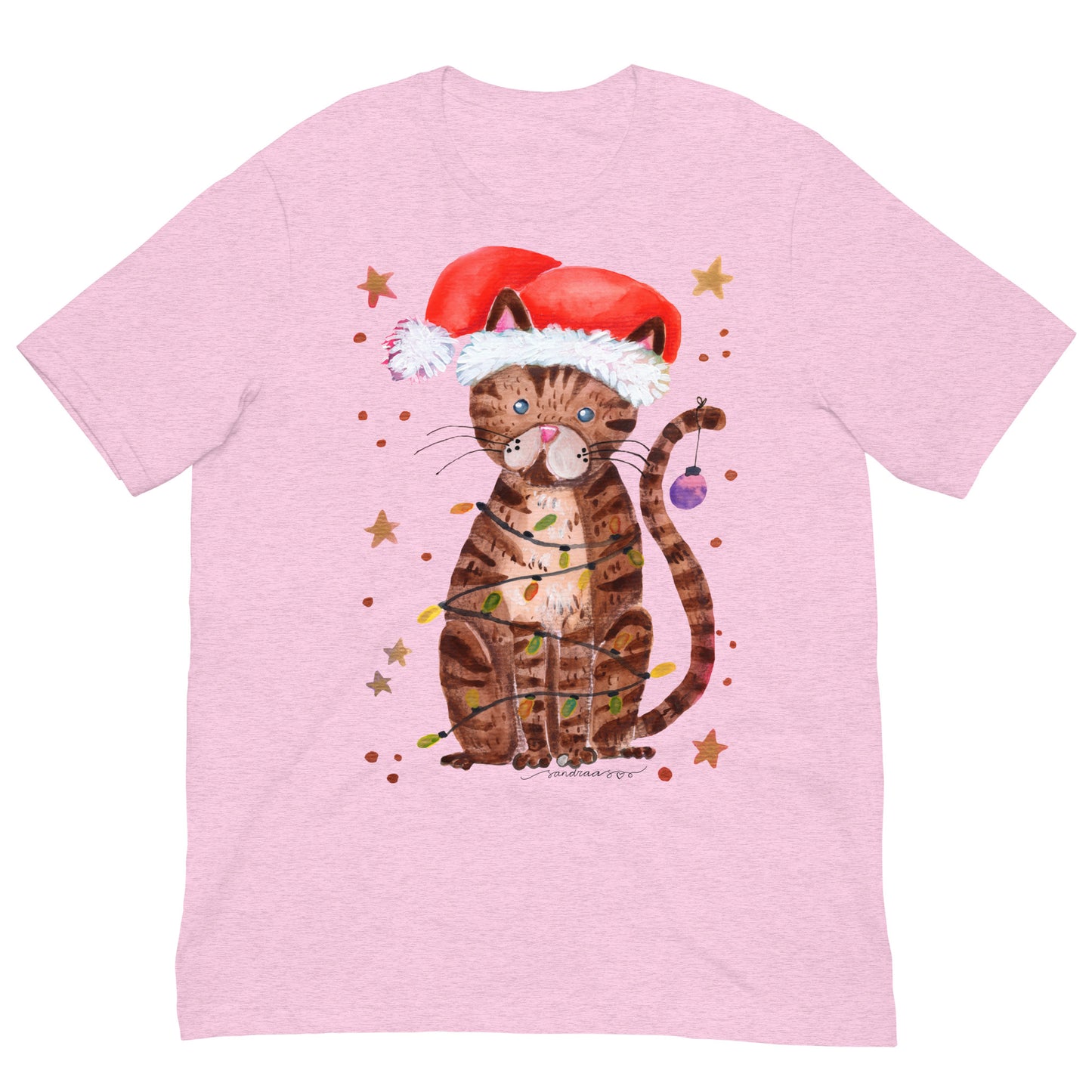 🎄 Christmas Lights Cat T-Shirt – Whimsical Watercolor Cat in Santa Hat Wrapped in Lights 😺💡✨ Soft & Comfy Holiday Tee - SANDRAAS
