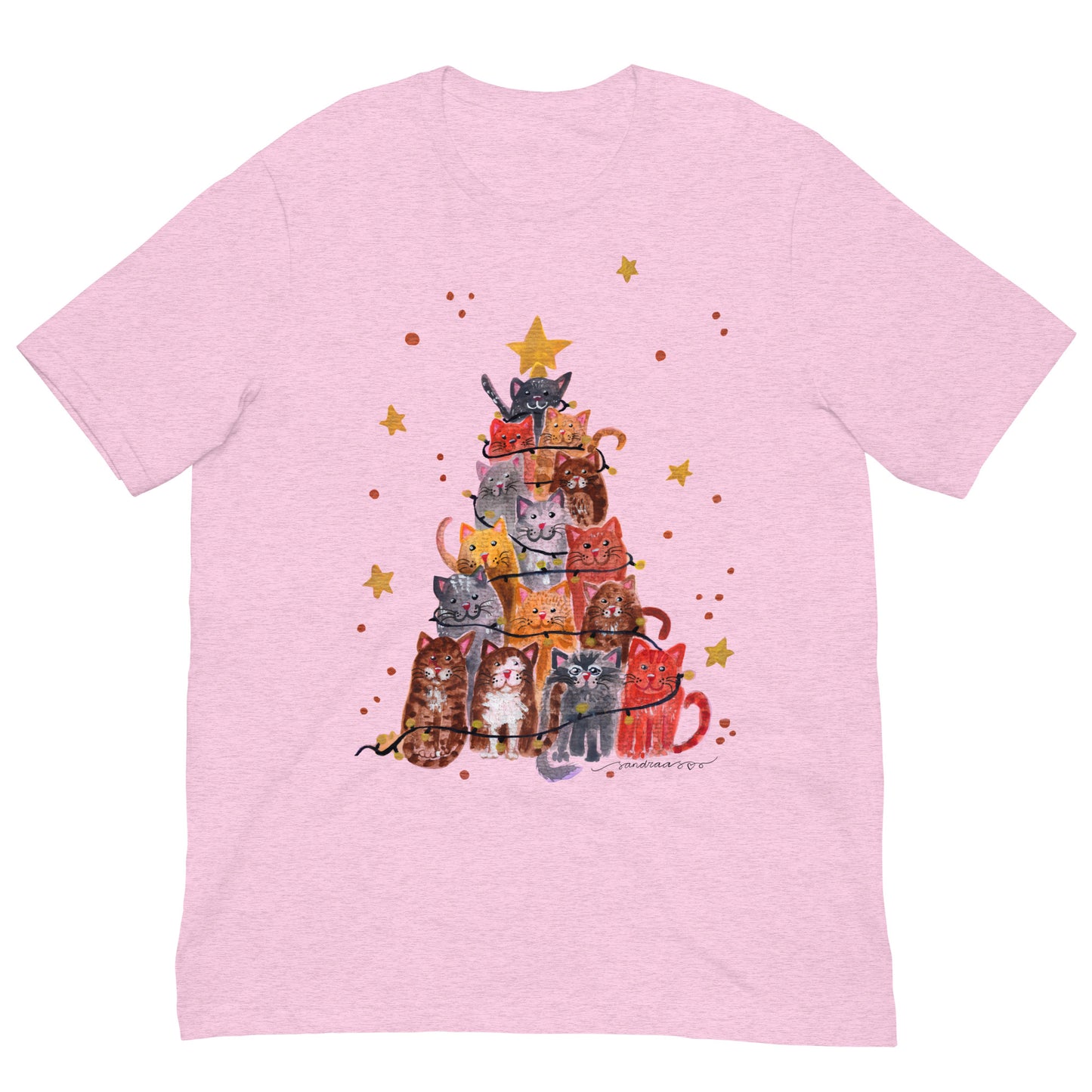 🎄 Christmas Cat Tree T-Shirt – Whimsical Watercolor Cats Stacked as a Christmas Tree 😺🌲✨ Soft & Cozy Holiday Tee - SANDRAAS