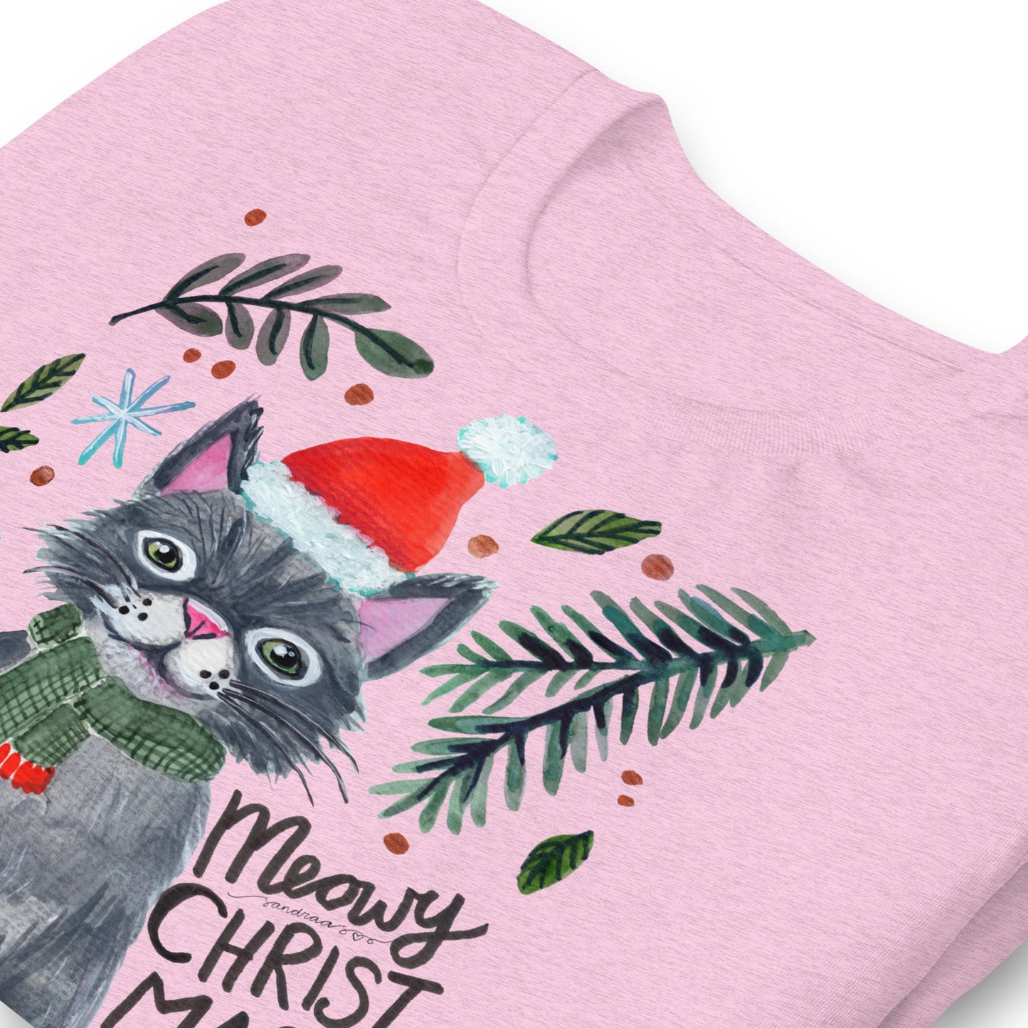 🎄 Meowy Christmas Cat T-Shirt – Whimsical Grey Cat in Green Scarf & Santa Hat 😺🧣✨ Soft & Comfy Holiday Tee - SANDRAAS