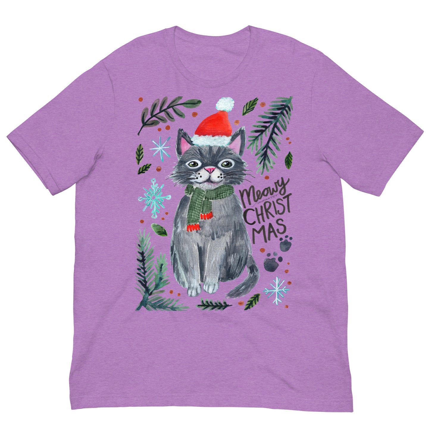 🎄 Meowy Christmas Cat T-Shirt – Whimsical Grey Cat in Green Scarf & Santa Hat 😺🧣✨ Soft & Comfy Holiday Tee - SANDRAAS