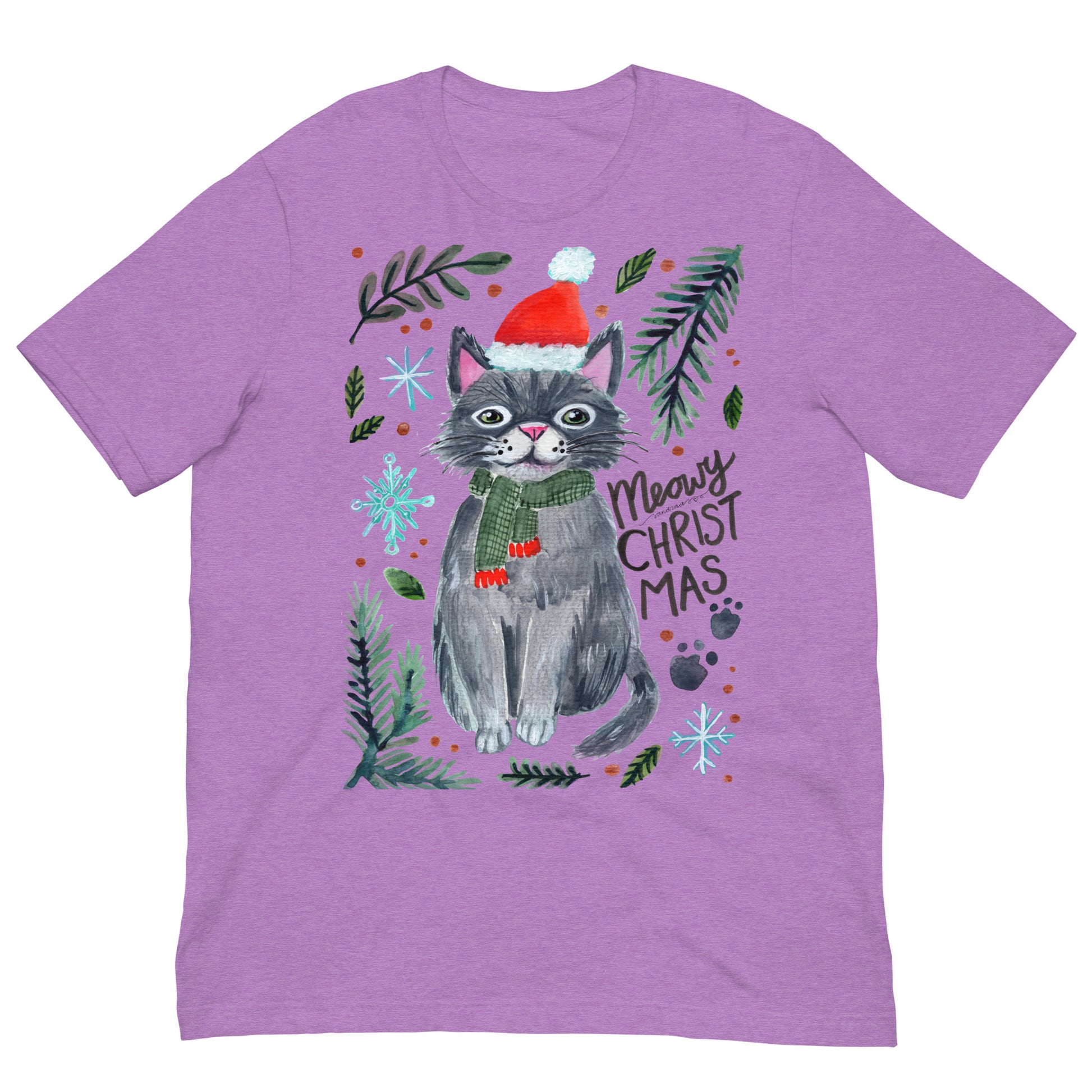 🎄 Meowy Christmas Cat T-Shirt – Whimsical Grey Cat in Green Scarf & Santa Hat 😺🧣✨ Soft & Comfy Holiday Tee - SANDRAAS