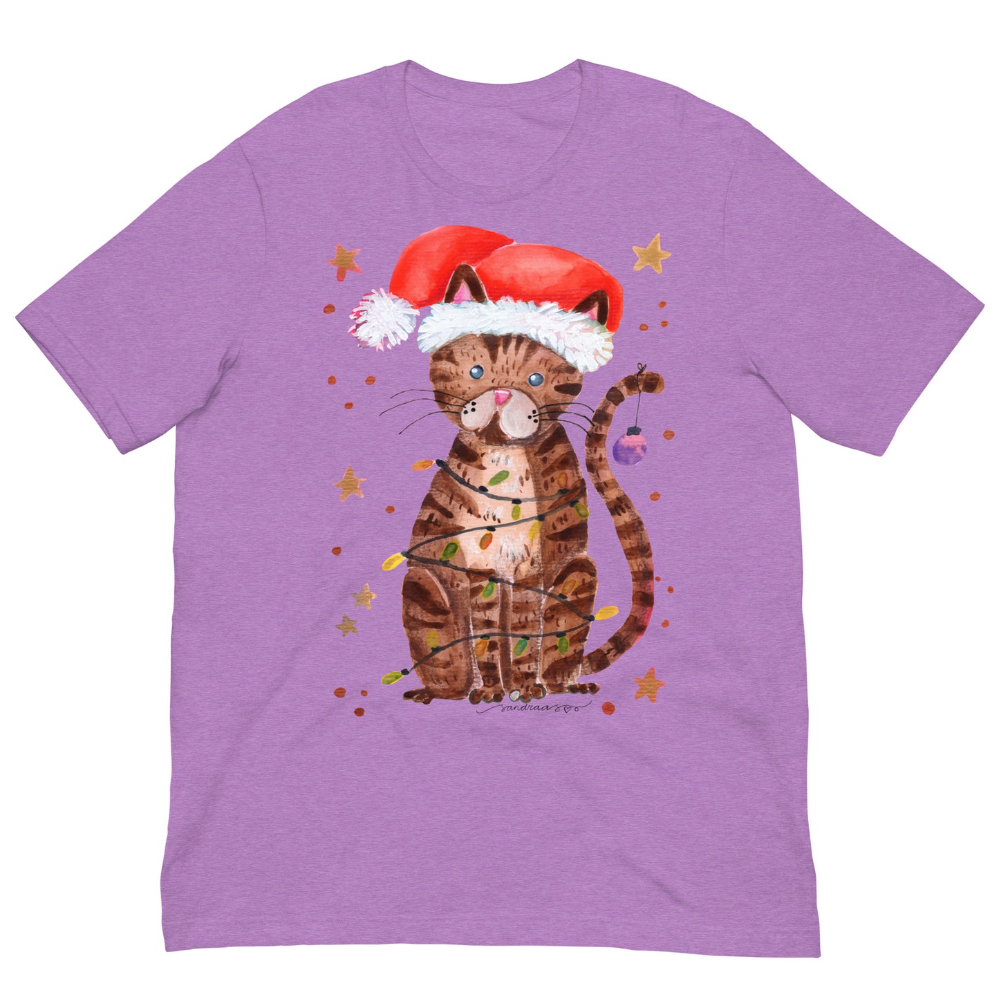 🎄 Christmas Lights Cat T-Shirt – Whimsical Watercolor Cat in Santa Hat Wrapped in Lights 😺💡✨ Soft & Comfy Holiday Tee - SANDRAAS
