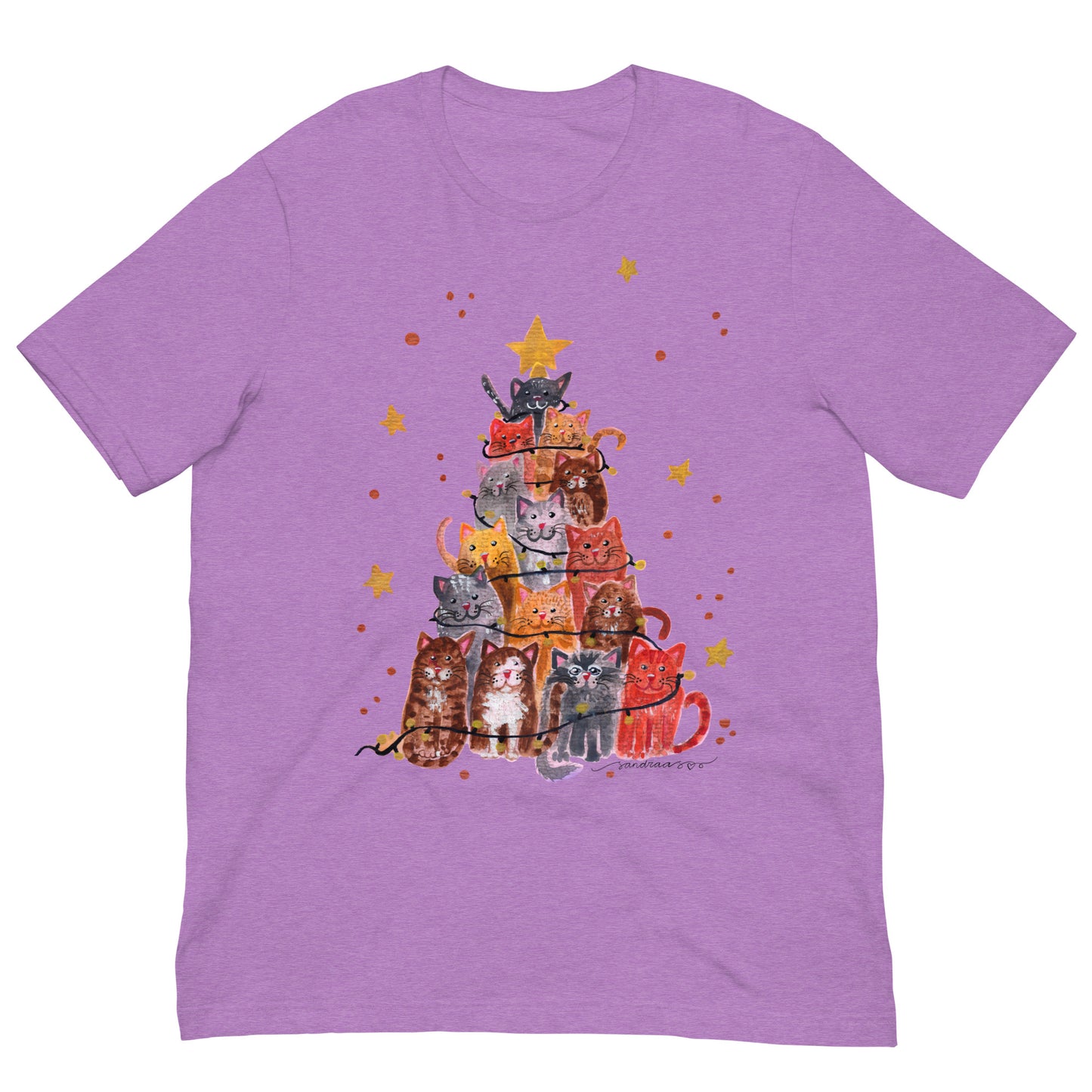 🎄 Christmas Cat Tree T-Shirt – Whimsical Watercolor Cats Stacked as a Christmas Tree 😺🌲✨ Soft & Cozy Holiday Tee - SANDRAAS