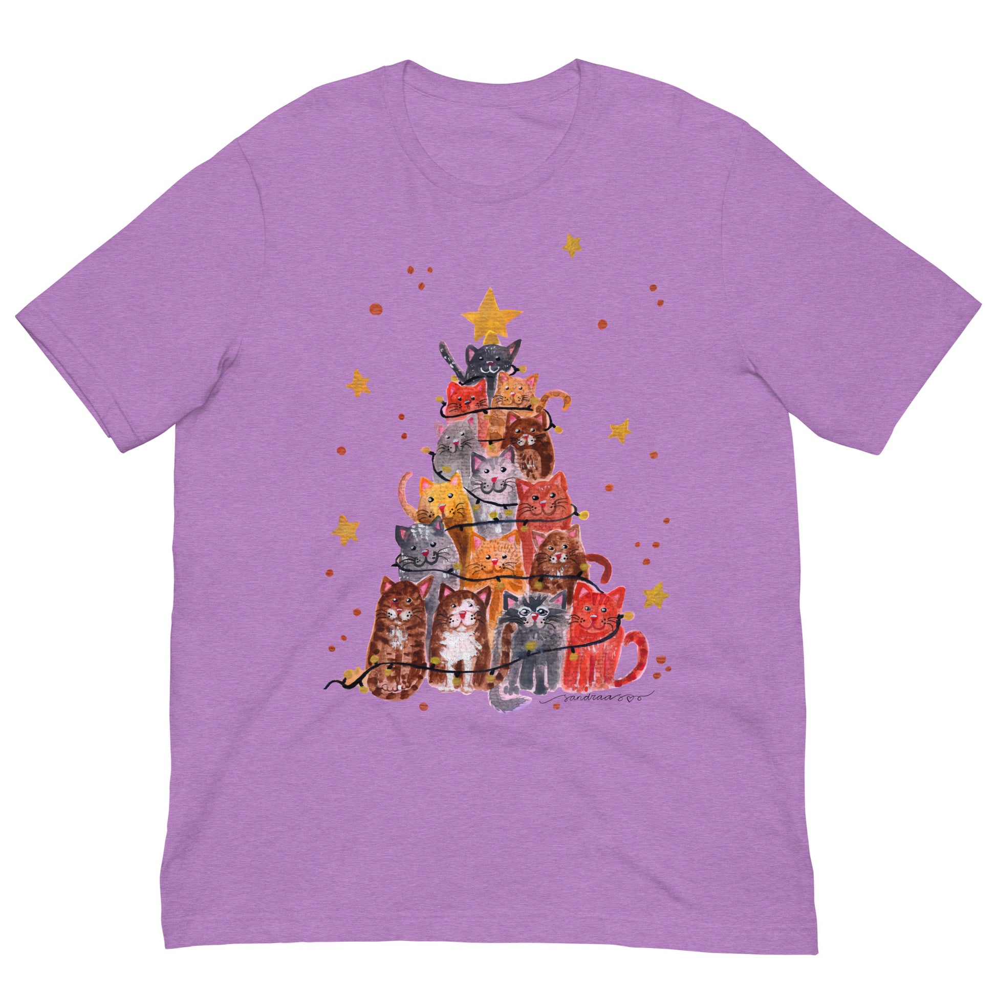 🎄 Christmas Cat Tree T-Shirt – Whimsical Watercolor Cats Stacked as a Christmas Tree 😺🌲✨ Soft & Cozy Holiday Tee - SANDRAAS
