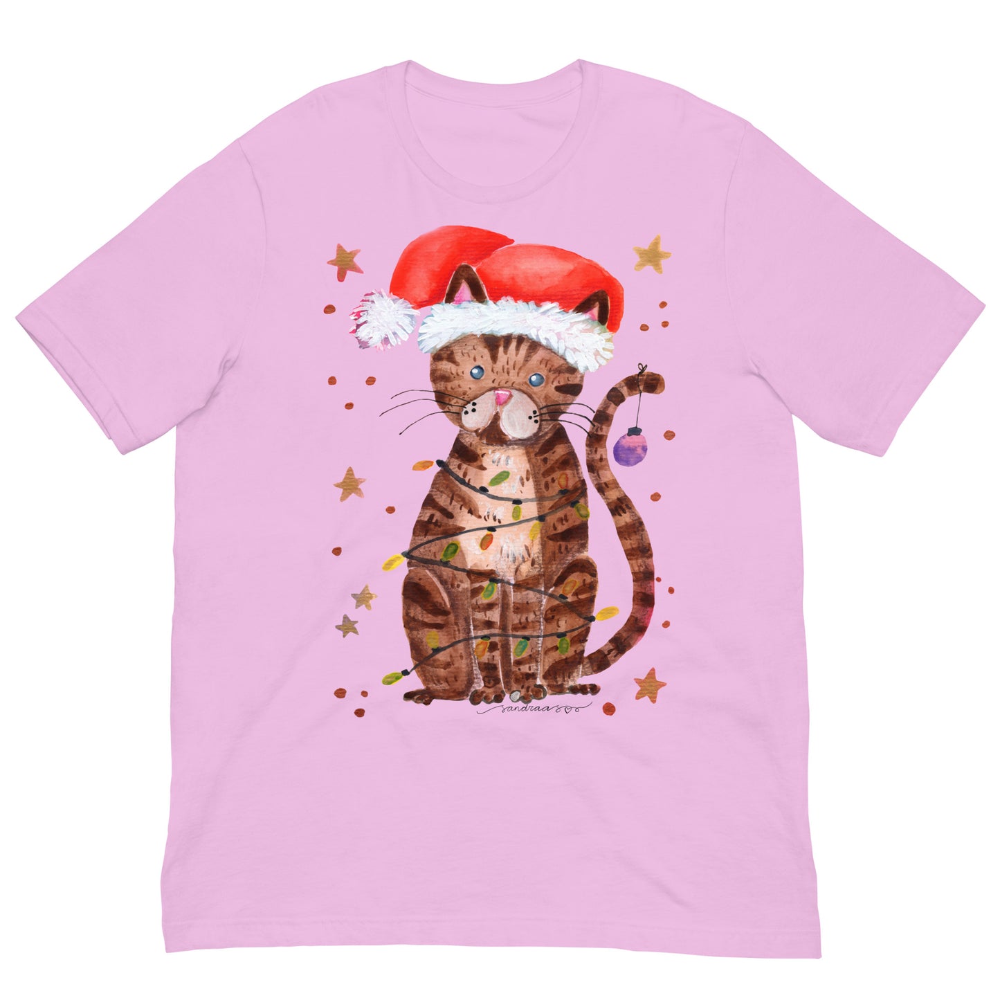 🎄 Christmas Lights Cat T-Shirt – Whimsical Watercolor Cat in Santa Hat Wrapped in Lights 😺💡✨ Soft & Comfy Holiday Tee - SANDRAAS