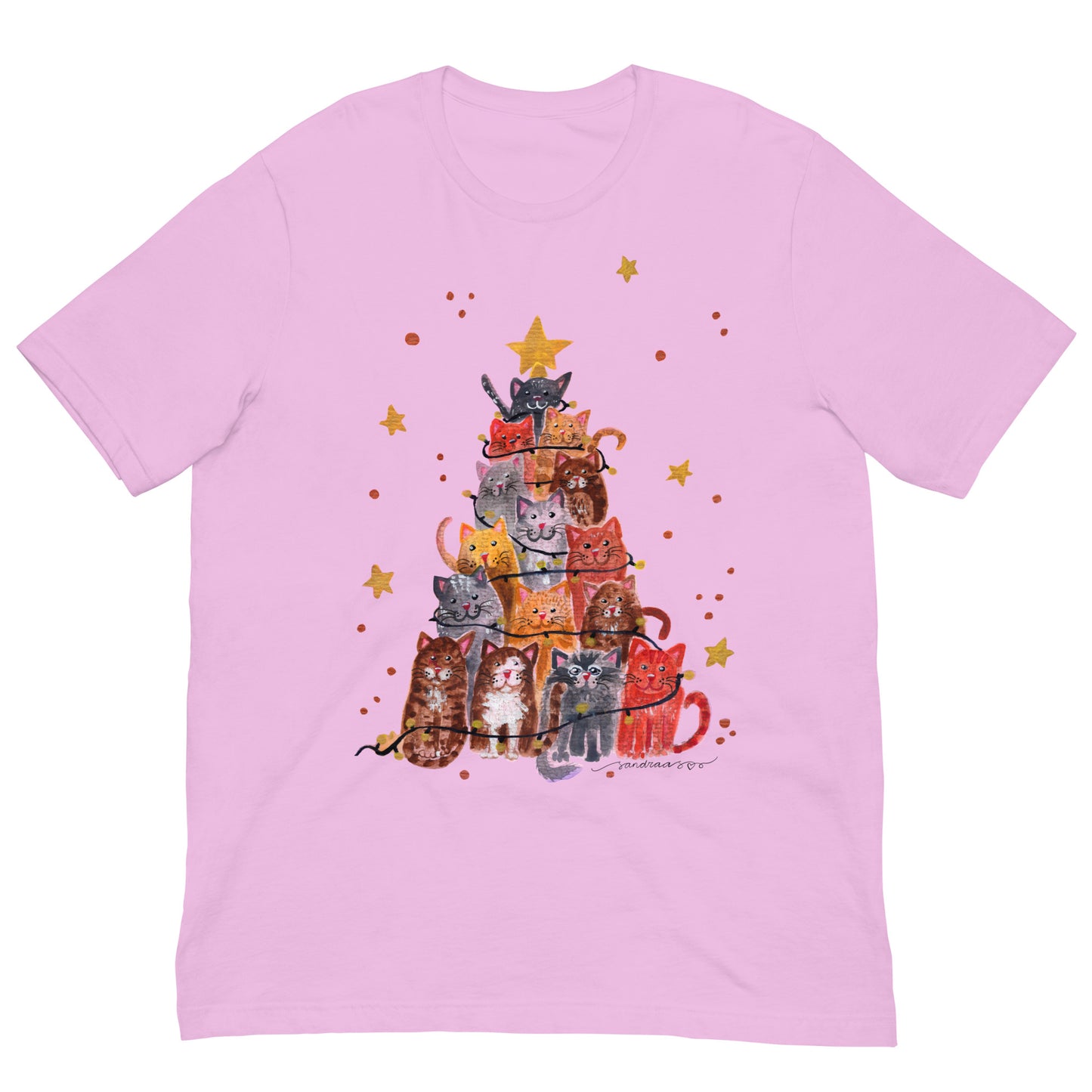 🎄 Christmas Cat Tree T-Shirt – Whimsical Watercolor Cats Stacked as a Christmas Tree 😺🌲✨ Soft & Cozy Holiday Tee - SANDRAAS