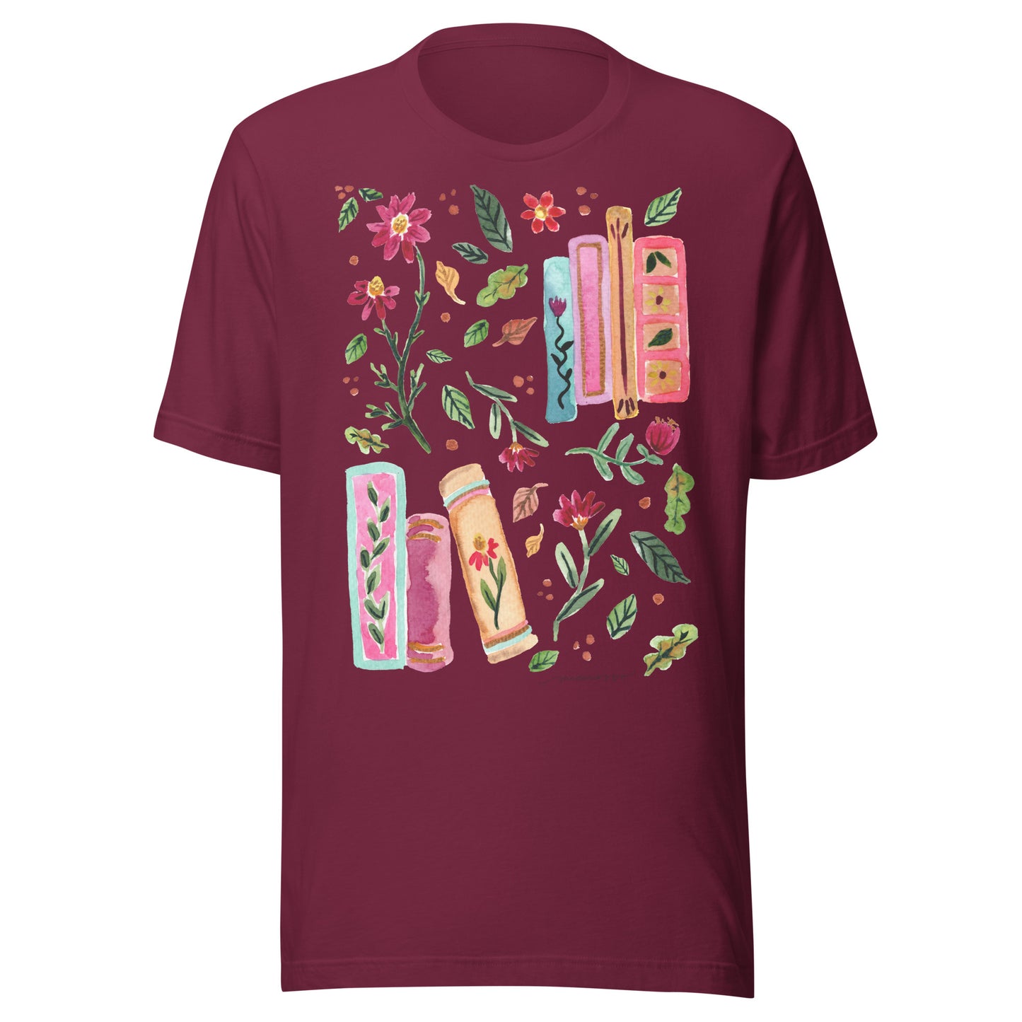 Cozy Autumn Women’s T-Shirt • Watercolor Fall Leaves, Flowers & Books Illustration • Nature - Inspired Tee - SANDRAAS