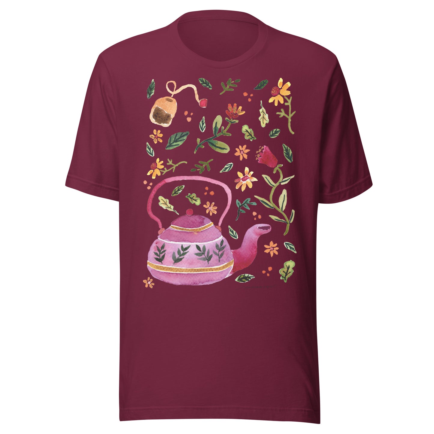 Cozy Autumn Teapot Women’s T-Shirt • Watercolor Fall Leaves & Flowers Illustration • Seasonal Cozy Vibes Tee - SANDRAAS