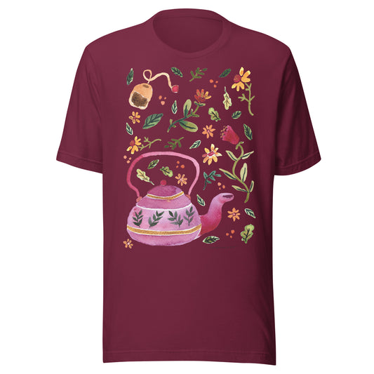 Cozy Autumn Teapot Women’s T-Shirt • Watercolor Fall Leaves & Flowers Illustration • Seasonal Cozy Vibes Tee - SANDRAAS