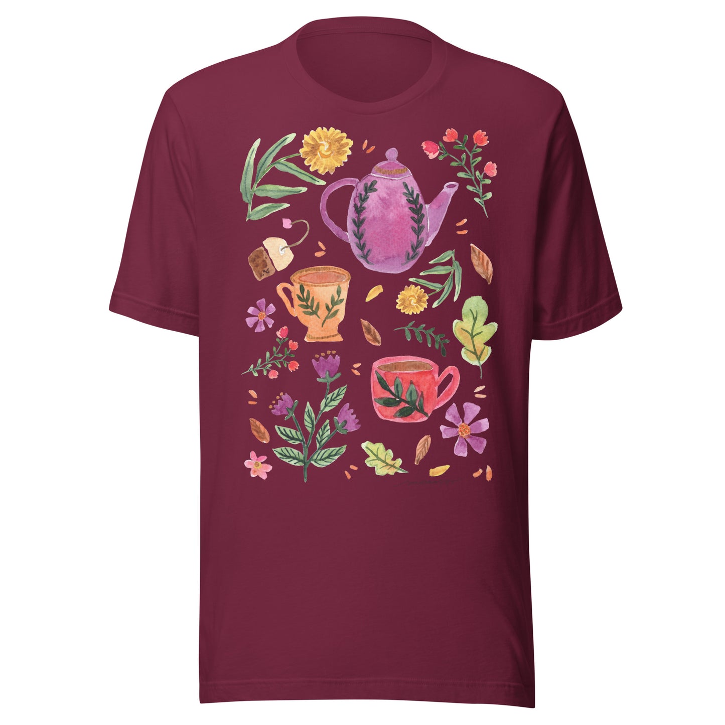 Cozy Tea Time Autumn Women’s T-Shirt • Watercolor Teapot, Teacups & Fall Leaves • Cozy Vibes Tee - SANDRAAS
