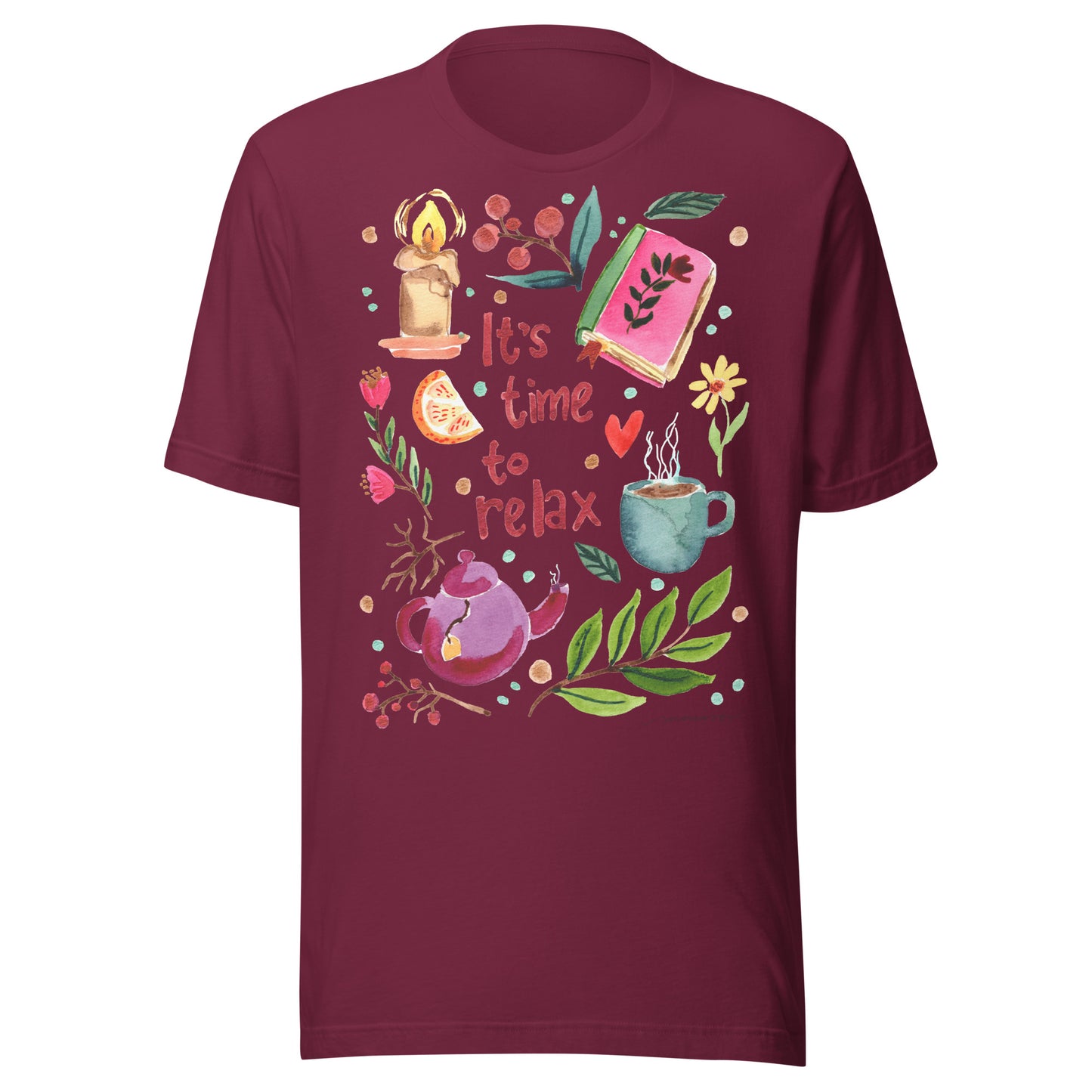It’s Time to Relax Women’s T-Shirt • Cozy Autumn Watercolor Book, Candle, Teapot & Florals Illustration - SANDRAAS