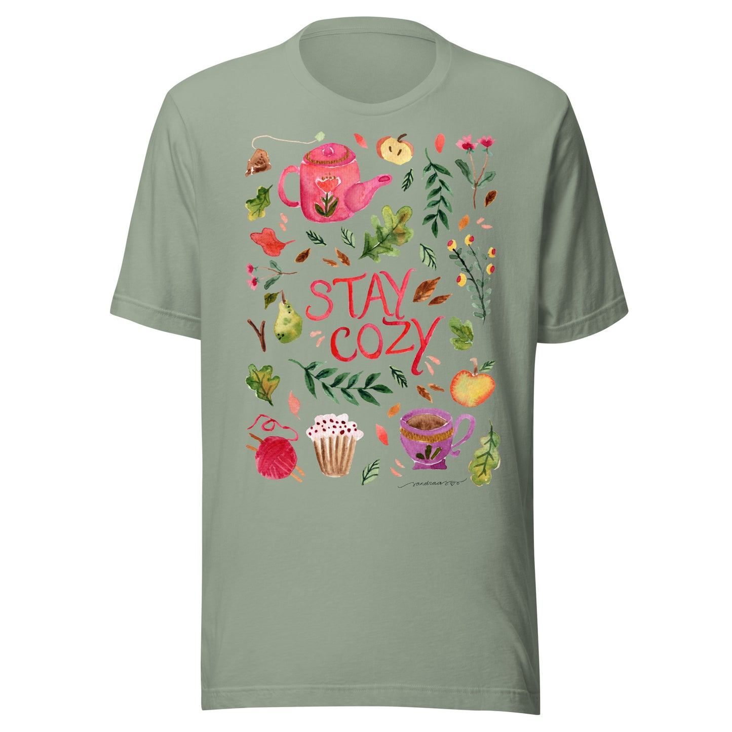 Stay Cozy Women’s Autumn T-Shirt • Watercolor Fall Nature & Tea Illustration • Cozy Season Tee - SANDRAAS