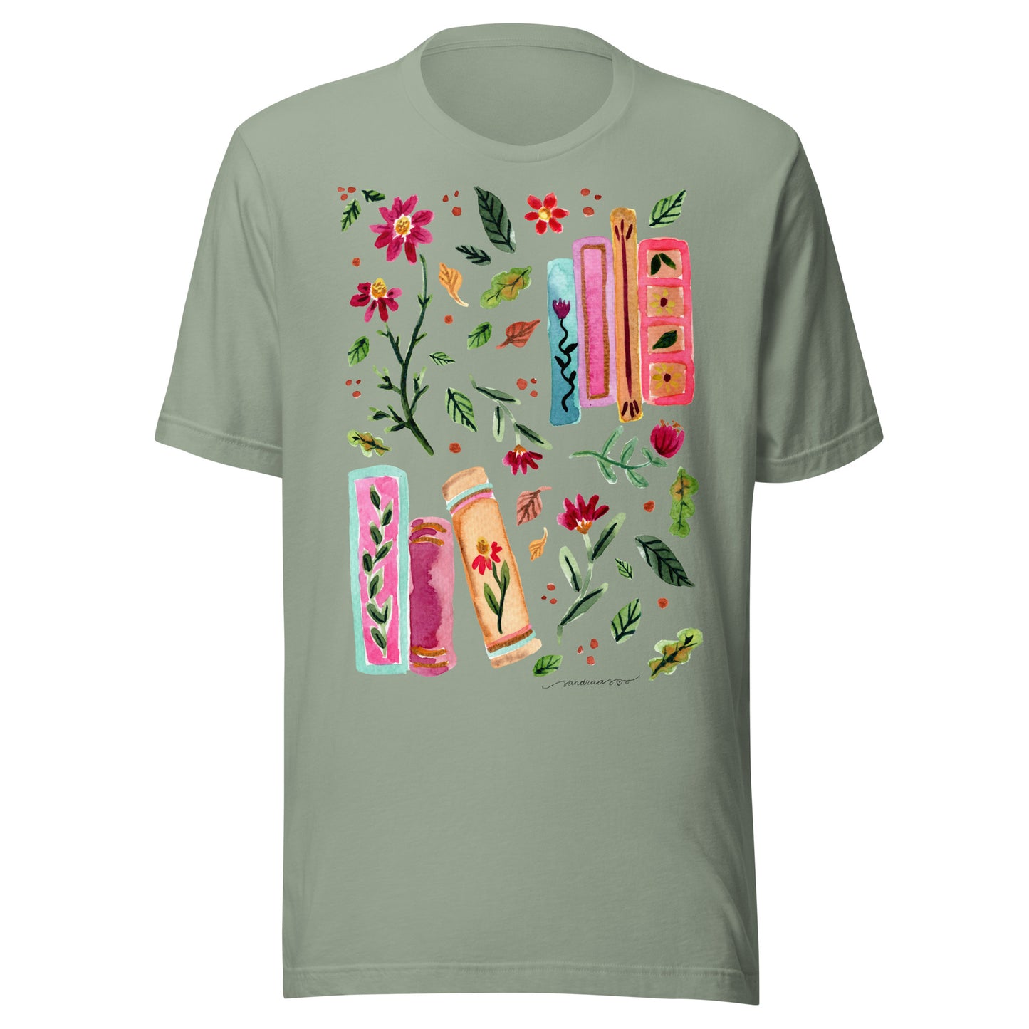 Cozy Autumn Women’s T-Shirt • Watercolor Fall Leaves, Flowers & Books Illustration • Nature - Inspired Tee - SANDRAAS