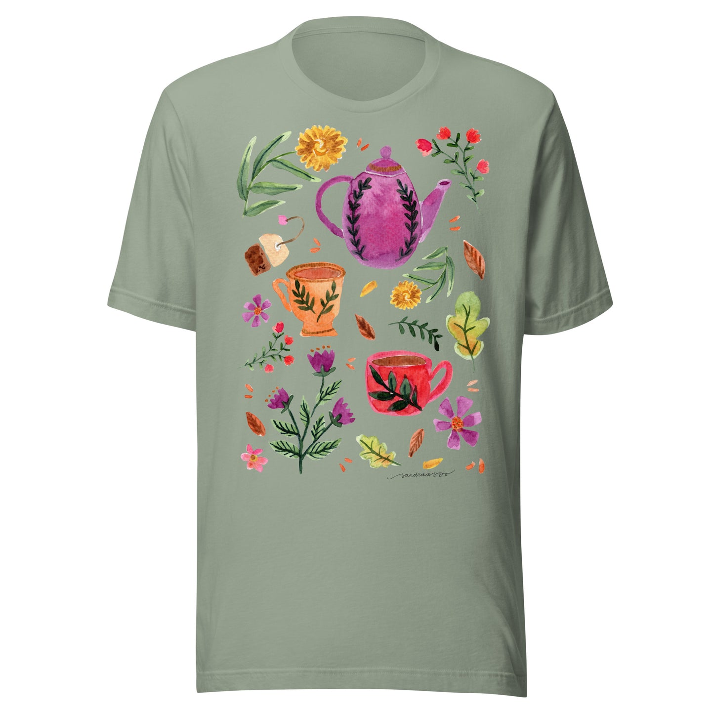 Cozy Tea Time Autumn Women’s T-Shirt • Watercolor Teapot, Teacups & Fall Leaves • Cozy Vibes Tee - SANDRAAS