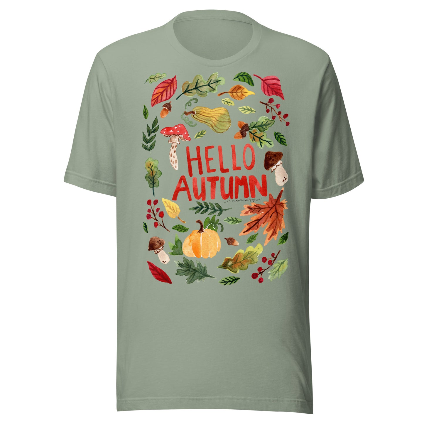 Hello Autumn Women’s T-Shirt • Cozy Fall Vibes with Watercolor Pumpkin, Toadstool & Leaves Illustration - SANDRAAS