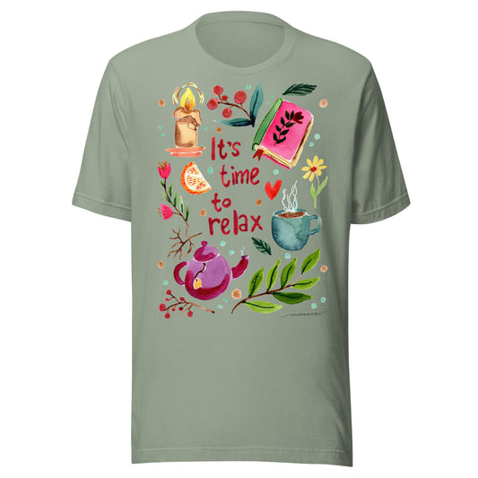 It’s Time to Relax Women’s T-Shirt • Cozy Autumn Watercolor Book, Candle, Teapot & Florals Illustration - SANDRAAS