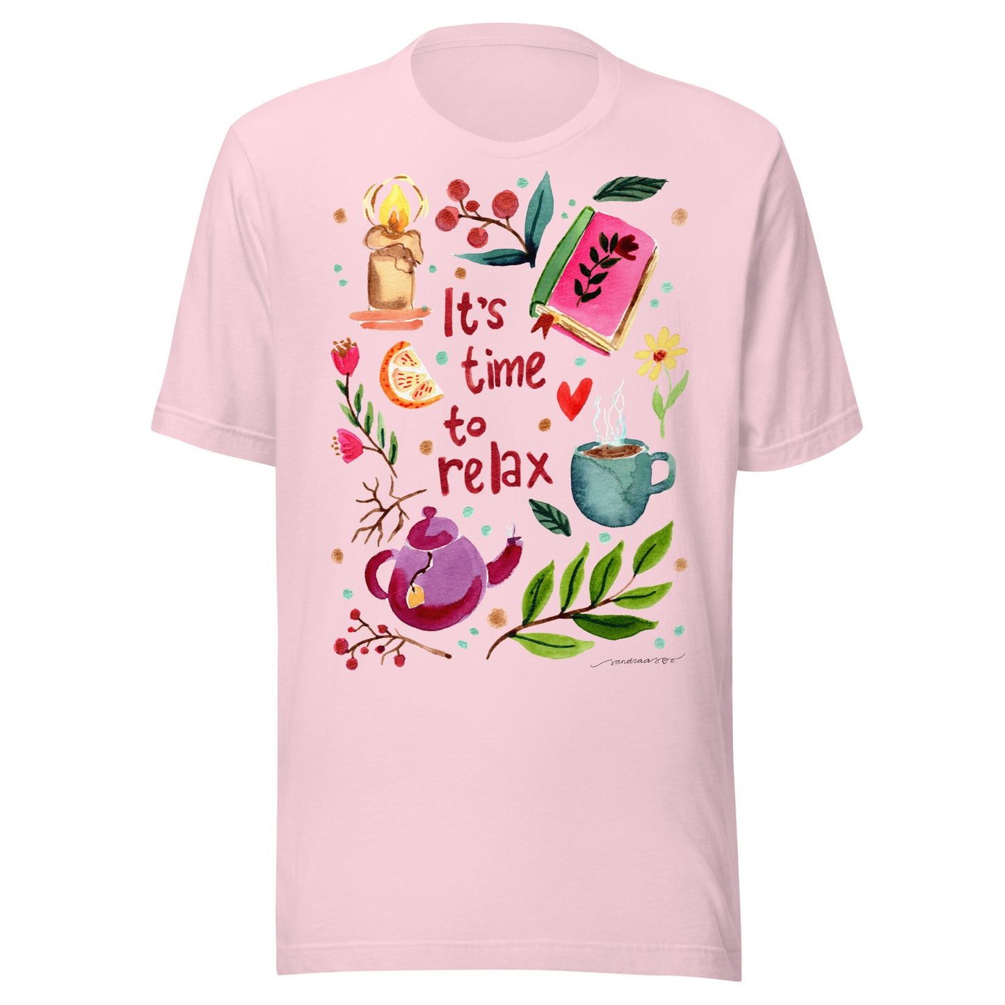 It’s Time to Relax Women’s T-Shirt • Cozy Autumn Watercolor Book, Candle, Teapot & Florals Illustration - SANDRAAS