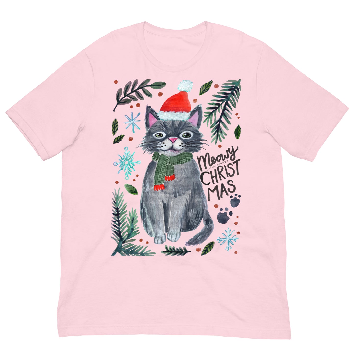 🎄 Meowy Christmas Cat T-Shirt – Whimsical Grey Cat in Green Scarf & Santa Hat 😺🧣✨ Soft & Comfy Holiday Tee - SANDRAAS