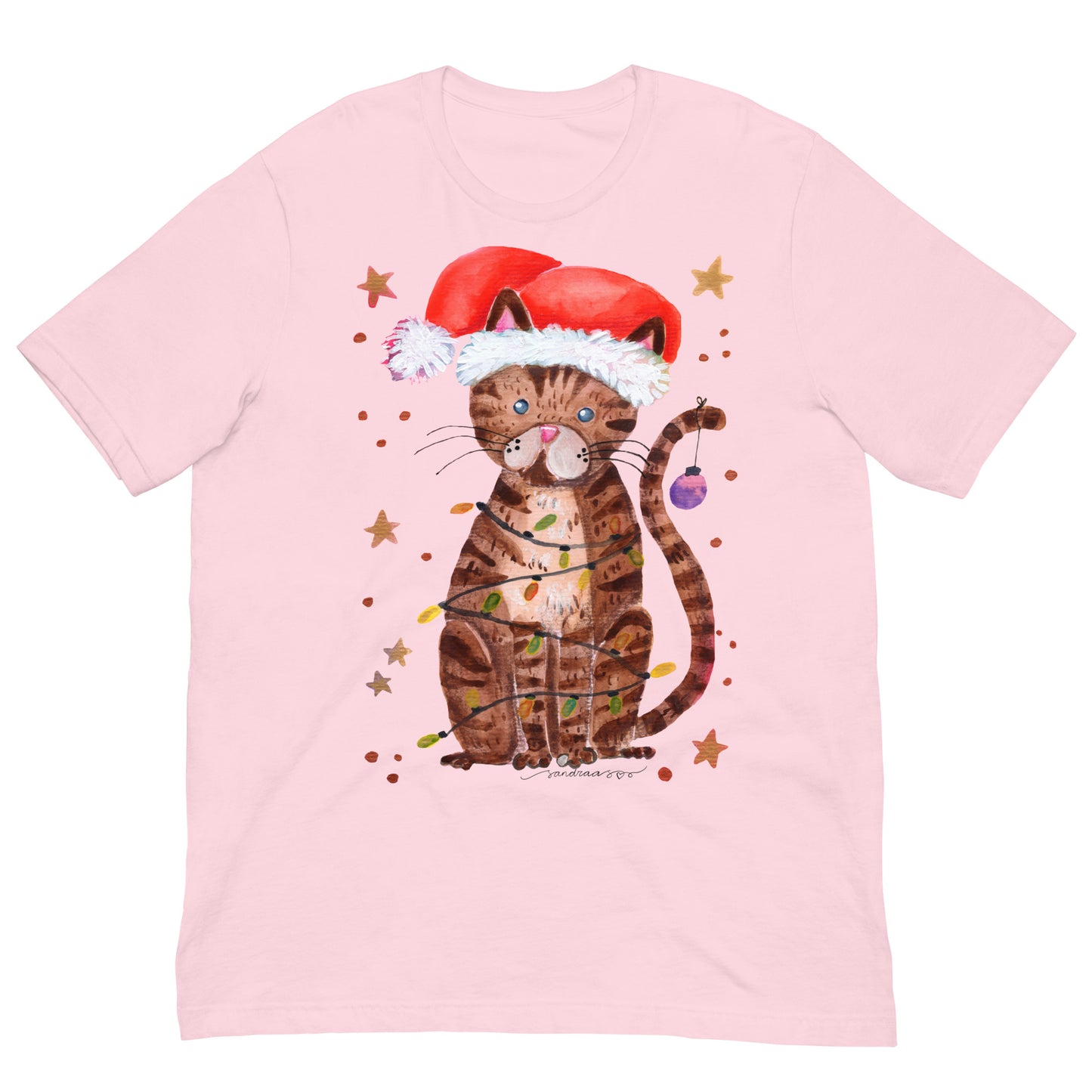 🎄 Christmas Lights Cat T-Shirt – Whimsical Watercolor Cat in Santa Hat Wrapped in Lights 😺💡✨ Soft & Comfy Holiday Tee - SANDRAAS