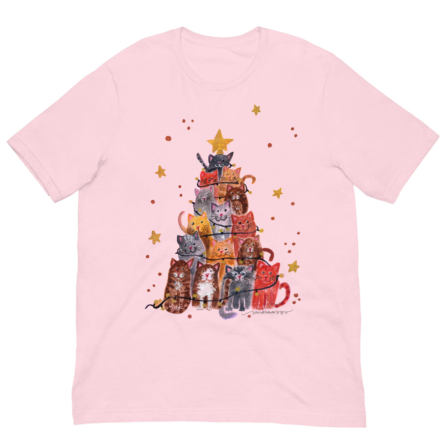 🎄 Christmas Cat Tree T-Shirt – Whimsical Watercolor Cats Stacked as a Christmas Tree 😺🌲✨ Soft & Cozy Holiday Tee - SANDRAAS