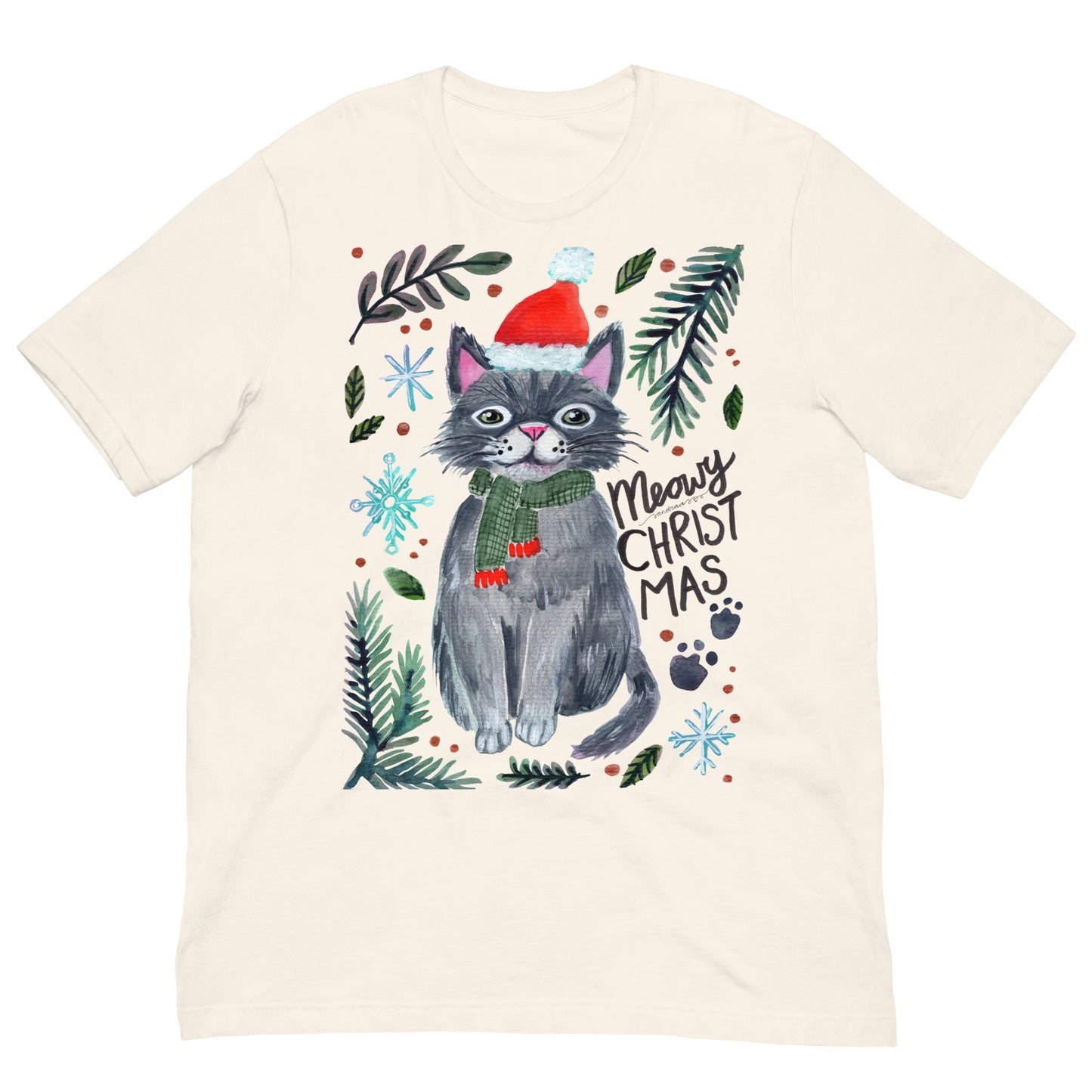 🎄 Meowy Christmas Cat T-Shirt – Whimsical Grey Cat in Green Scarf & Santa Hat 😺🧣✨ Soft & Comfy Holiday Tee - SANDRAAS