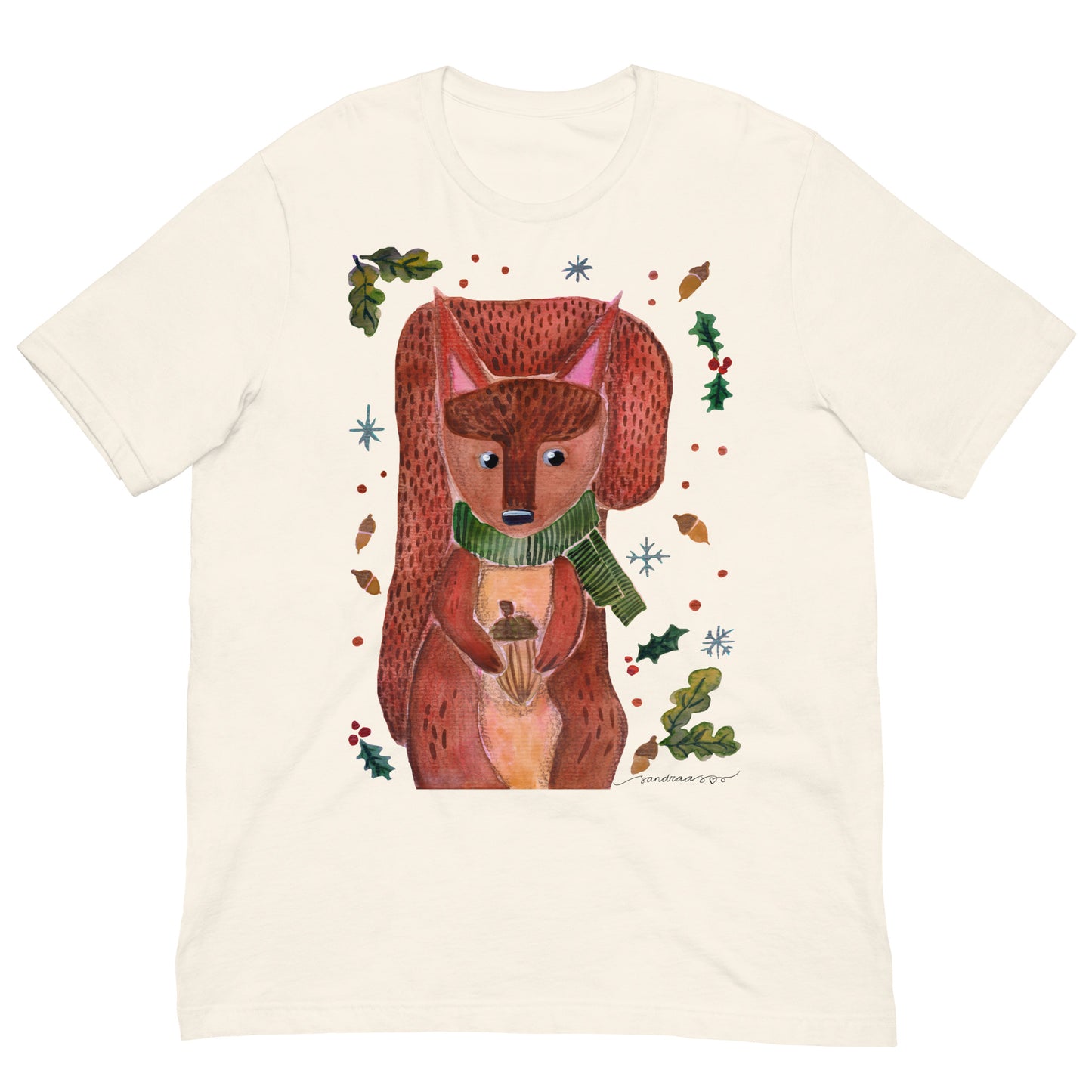 🐿️ Cozy Squirrel T-Shirt – Whimsical Watercolor Squirrel in Green Scarf 💚✨ Soft & Comfy Nature - Lover Tee - SANDRAAS