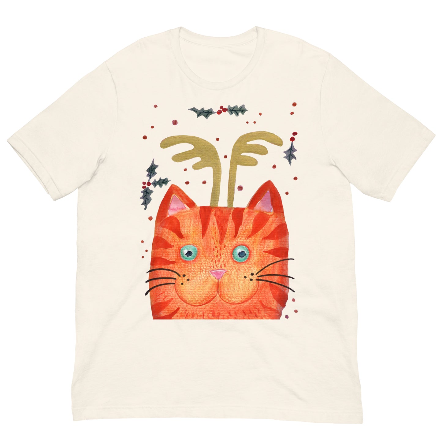 ✨ Whimsical Antler Cat T-Shirt – Watercolor Orange Cat with Antlers 😺🦌 Soft & Cozy Unisex Tee - SANDRAAS
