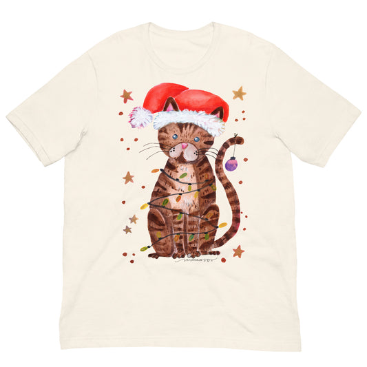 🎄 Christmas Lights Cat T-Shirt – Whimsical Watercolor Cat in Santa Hat Wrapped in Lights 😺💡✨ Soft & Comfy Holiday Tee - SANDRAAS